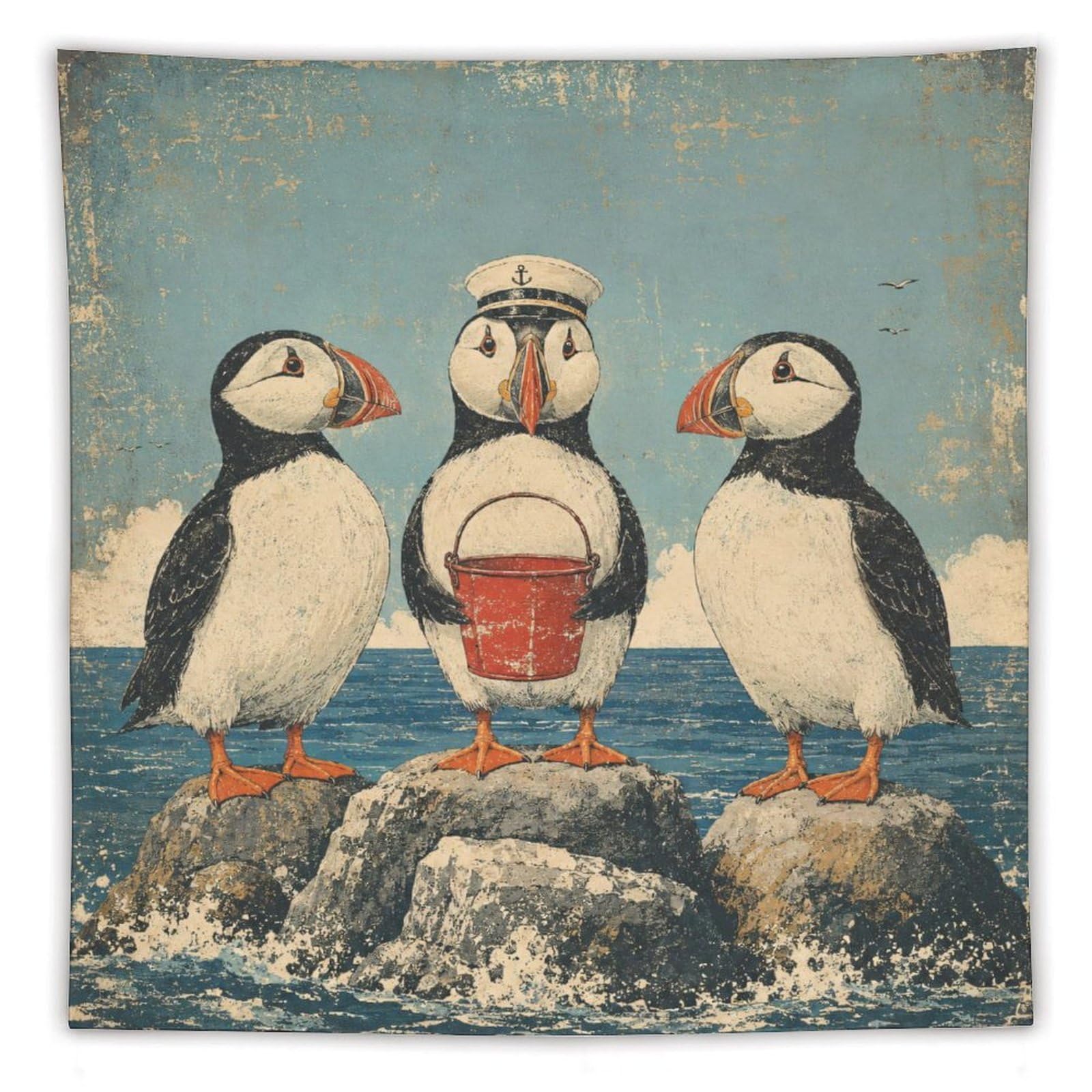 W7C8U2X3 Puffin Trio with Bucket Wall Tapestry, Folk Art Style, Bedroom
