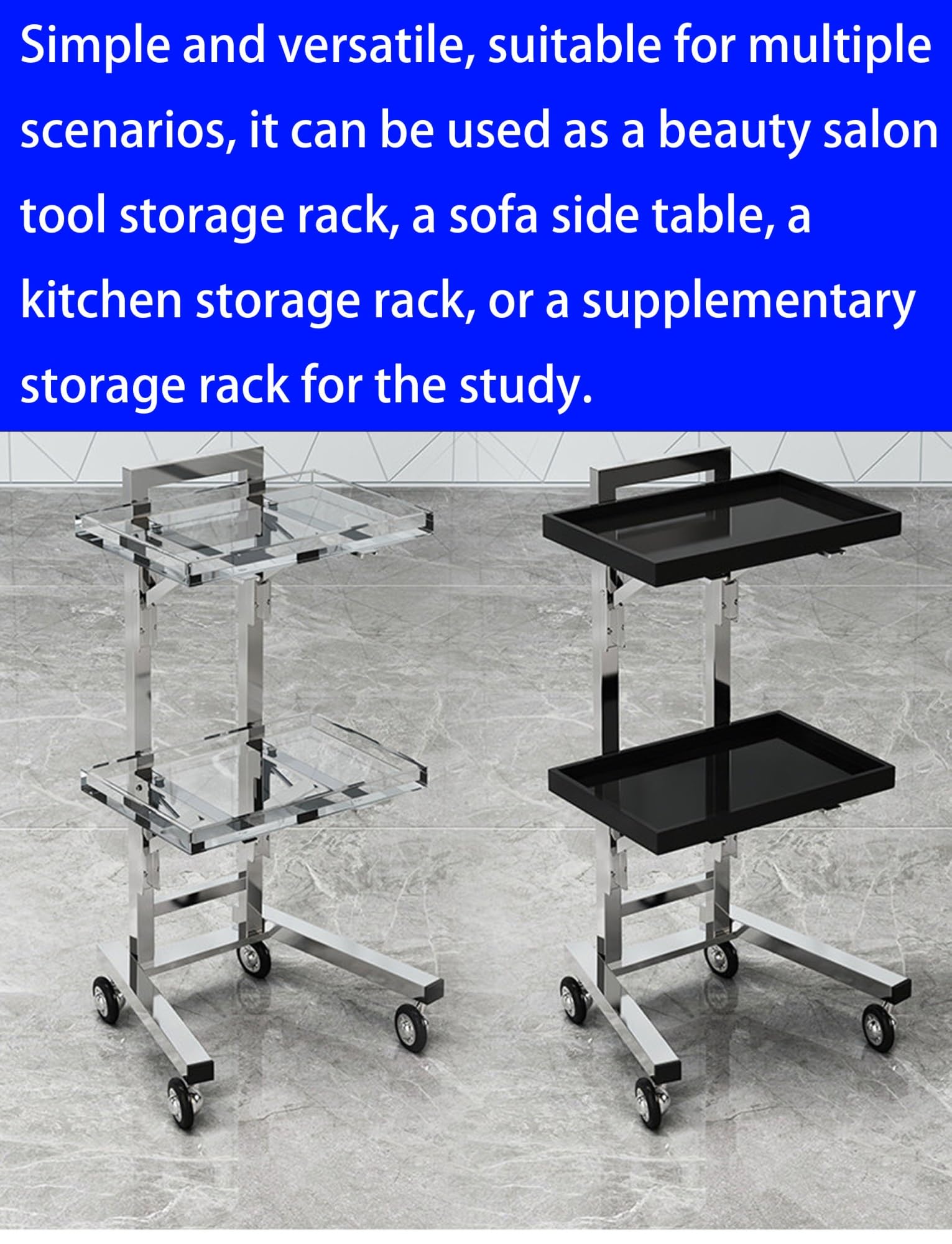Carrito plegable de 2 niveles con ruedas, bandeja de salón de acero inoxidable y acrílico, carrito utilitario portátil para cabello, color, tatuaje y spa