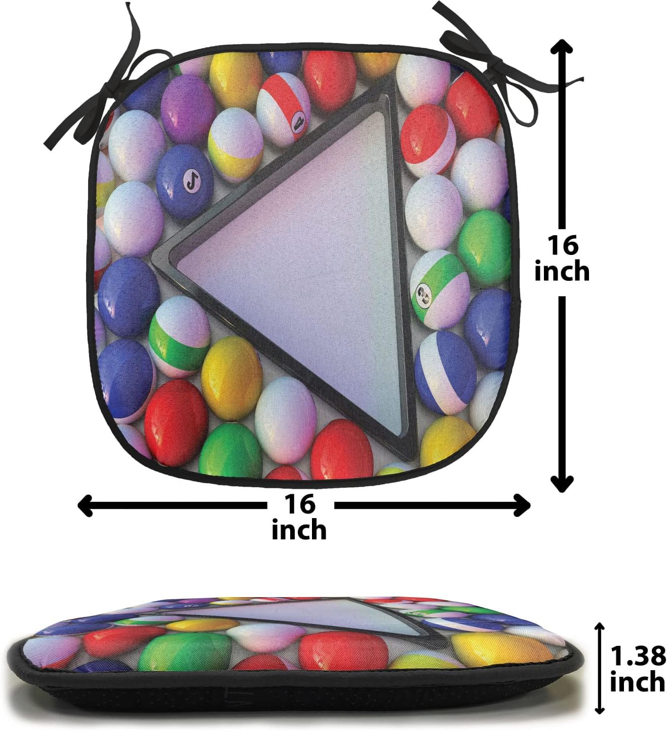 Lunarable Manly Chair Cushion Pads Set of 2, Billiard Equipment Colorful Balls Competition Leisure Sport Activity Hobby, Anti-Slip Seat Padding for Kitchen & Patio, 16"x16", White Multicolor