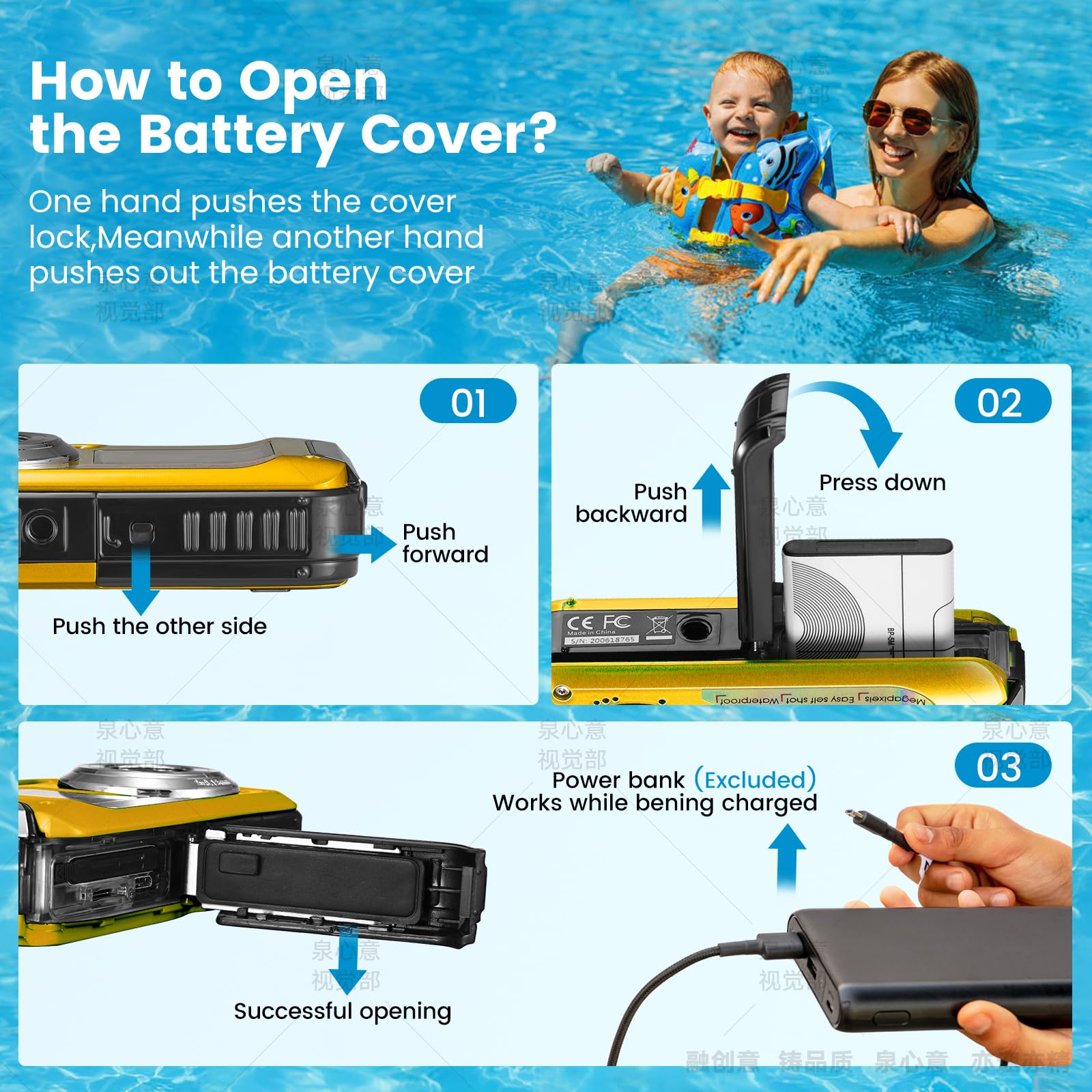 Cámara Digital Impermeable, Cámara Submarina HD 2.7K 48MP con Doble Pantalla para Buceo 3M para Nadar, Zoom Digital 16X Anti-Vibración, Amarilla
