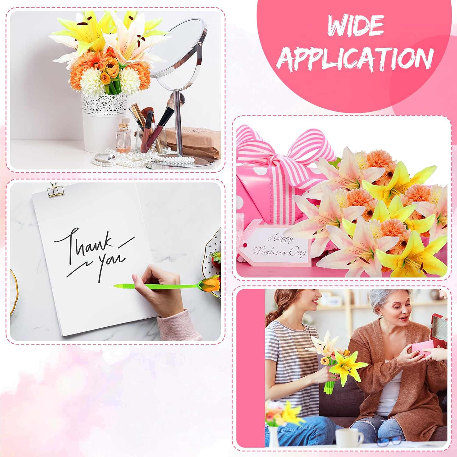 BBTO 24 Pcs Mother's Day Flower Pens for Women Daisy Rose Lily Carnation Ballpoint with Flower Top Black Gel Ink Pen Gift for Bridal Shower party Supplies,0.5 mm(Fresh)