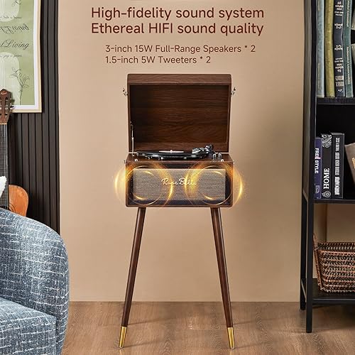 Miniatura 8 de Tocadiscos vintage con soporte, tocadiscos vintage Bluetooth con 3 velocidades y 3 tamaños, 4 altavoces integrados, control