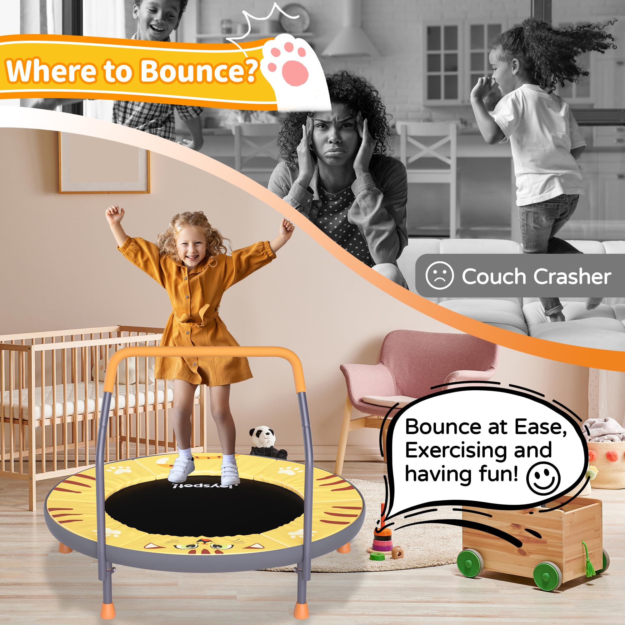 JOY SPOT! Kinder Trampolin Indoor, Ø91 cm Minitrampolin mit Haltegriff, Fitness Trampolin bis 45 kg belastbar, Gartentrampolin Outdoor für Kinder 3-8 Jahren (Mehrfarbig/Katze/Einhorn/3 Abenteurer)