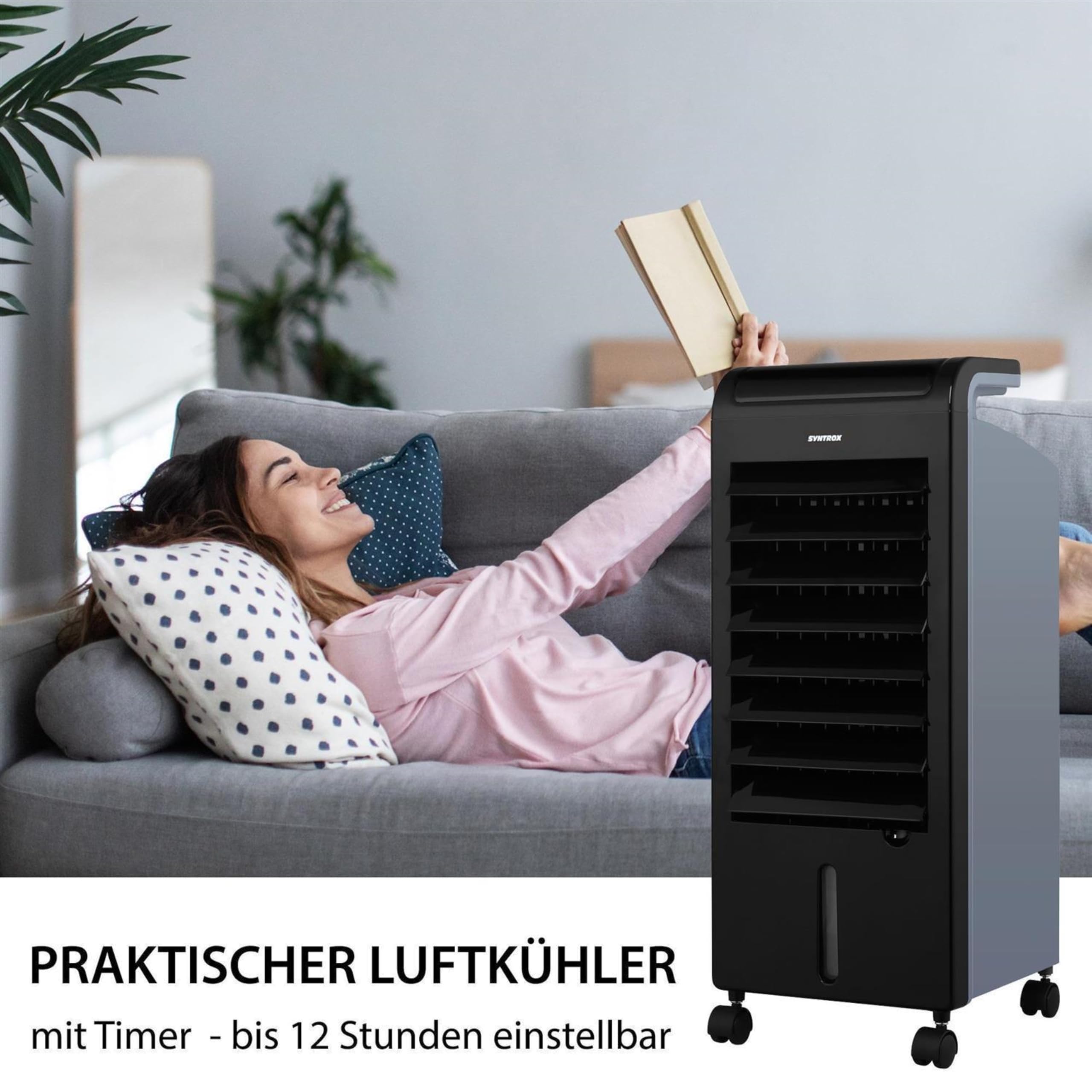 Syntrox Mobiler Luftkühler mit Wasser Soft | Luftbefeuchter | Verdunstungskühler, 80 Watt, 5 Liter Kapazität, Raumluftbefeuchter, Wasserverdunstungskühler, mit Timer