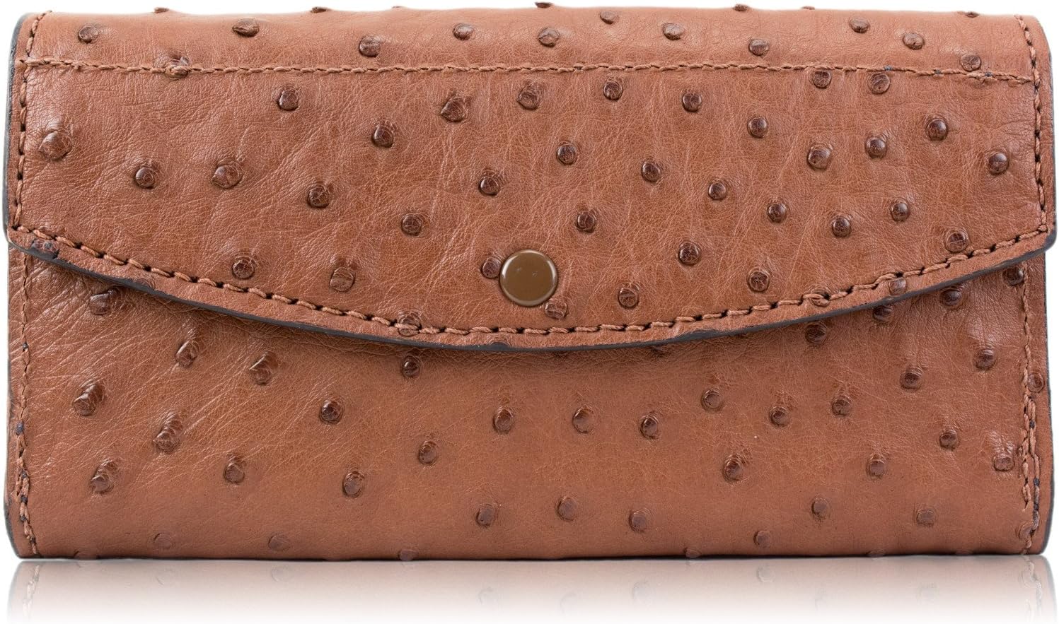 Genuine Ostrich Skin Leather Clutch Wallet for Women, Slim Snap Closure Wallet (Brown)