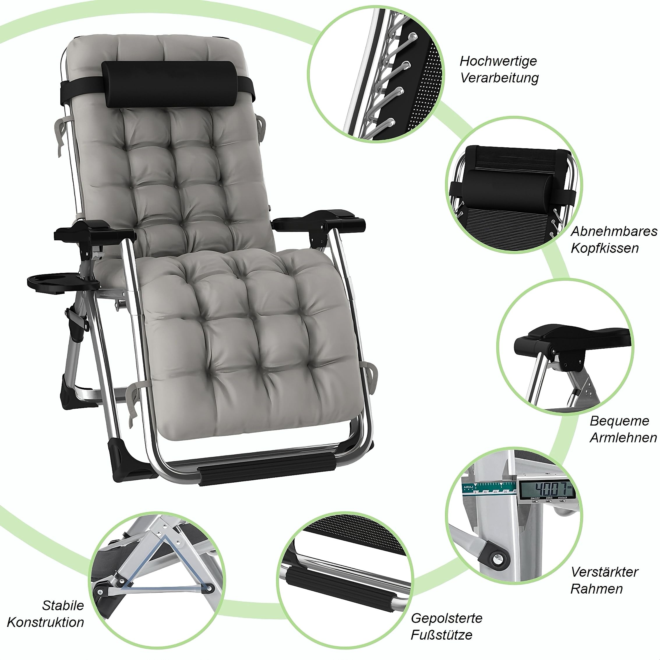 Sedia Sdraio Pieghevole 65cm, con Cuscino, per Esterni, Senza Peso, Regolabile, per Patio, Giardino, Spiaggia, Piscina, portante 200 kg, Grigio