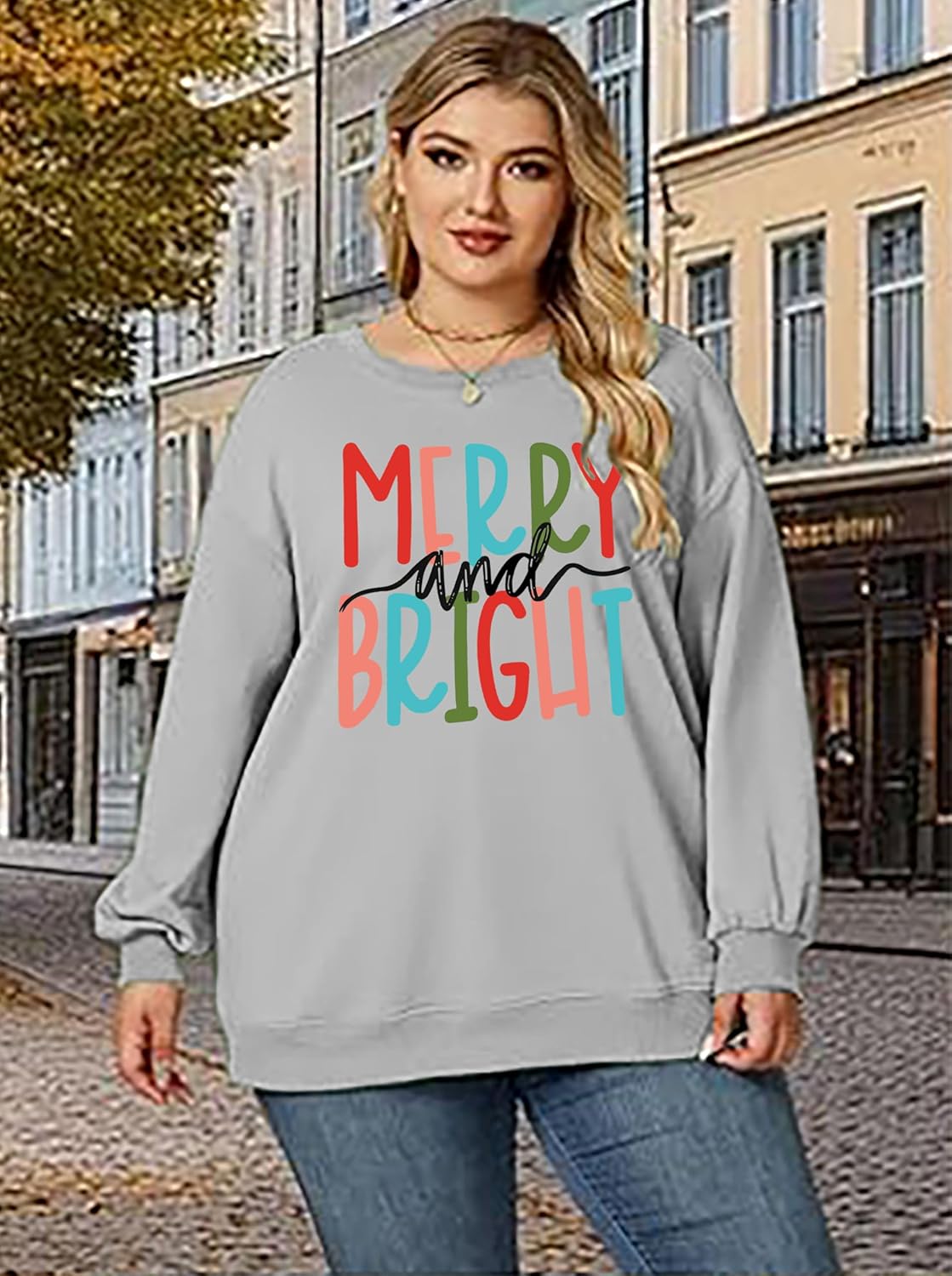 Women Plus Size Christmas Sweatshirt Merry and Bright Xmas Pullover Tops Merry Christmas Long Sleeve Holiday Tee Shirt - Image 4