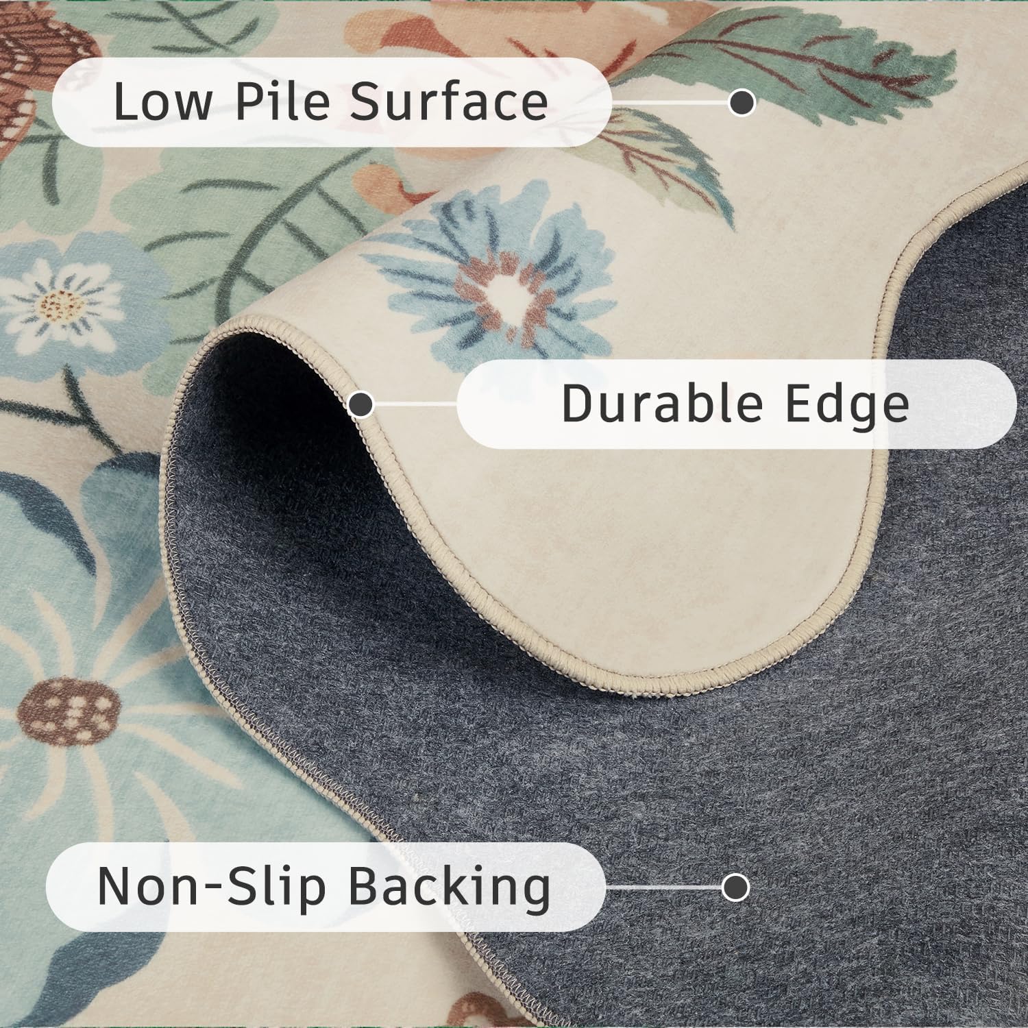 DCX Beige Floral Rug 3x5, Washable Beige Rug for Living Room, Kid & Pet Friendly with Rubber Back Non Slip, Soft Low Pile Carpet, Stain Resistant Rug for Bedroom, Nursery, Dining Room