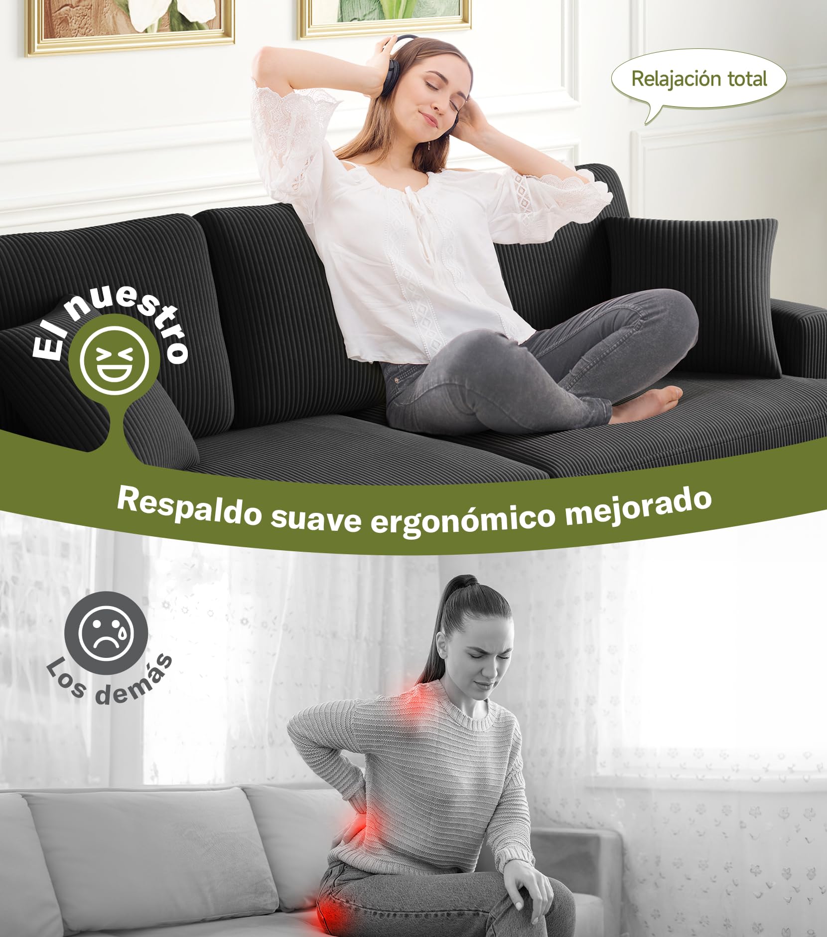 Kidirect Sofá de Pana de 3 plazas, 221 cm cómodo sofá de 53 cm Asientos Extra Profundos, sofá de salón Montaje sin Herramientas sofá Grande con 2 Cojines, sofá Moderno para Oficina, Negro