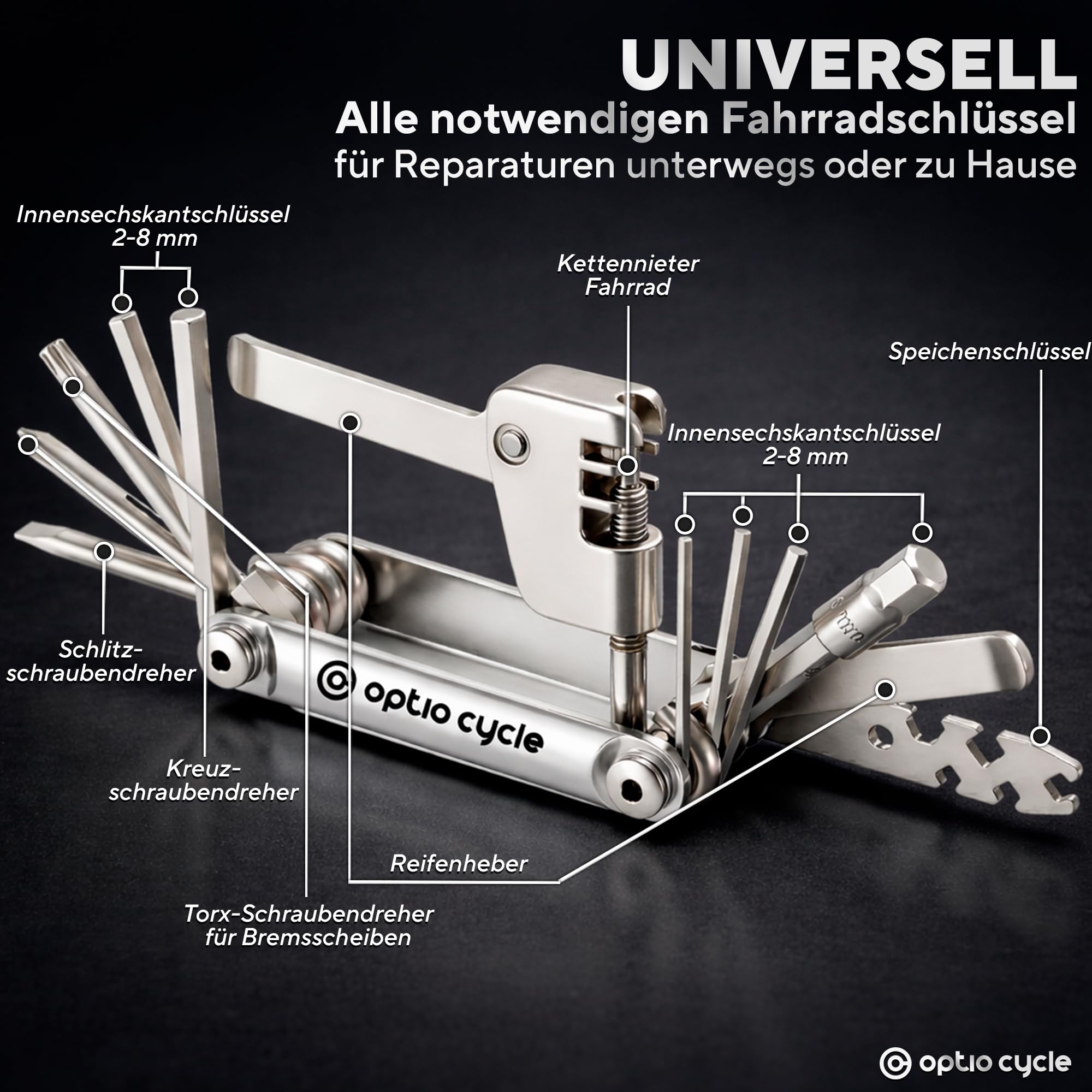 Fahrrad Multitool Klein 16-in-1 mit Kettennieter & Reifenheber – Mini Multitool Fahrrad Werkzeugset Unterwegs | Multifunktionswerkzeug für MTB, Rennrad, E-Bike, Grave