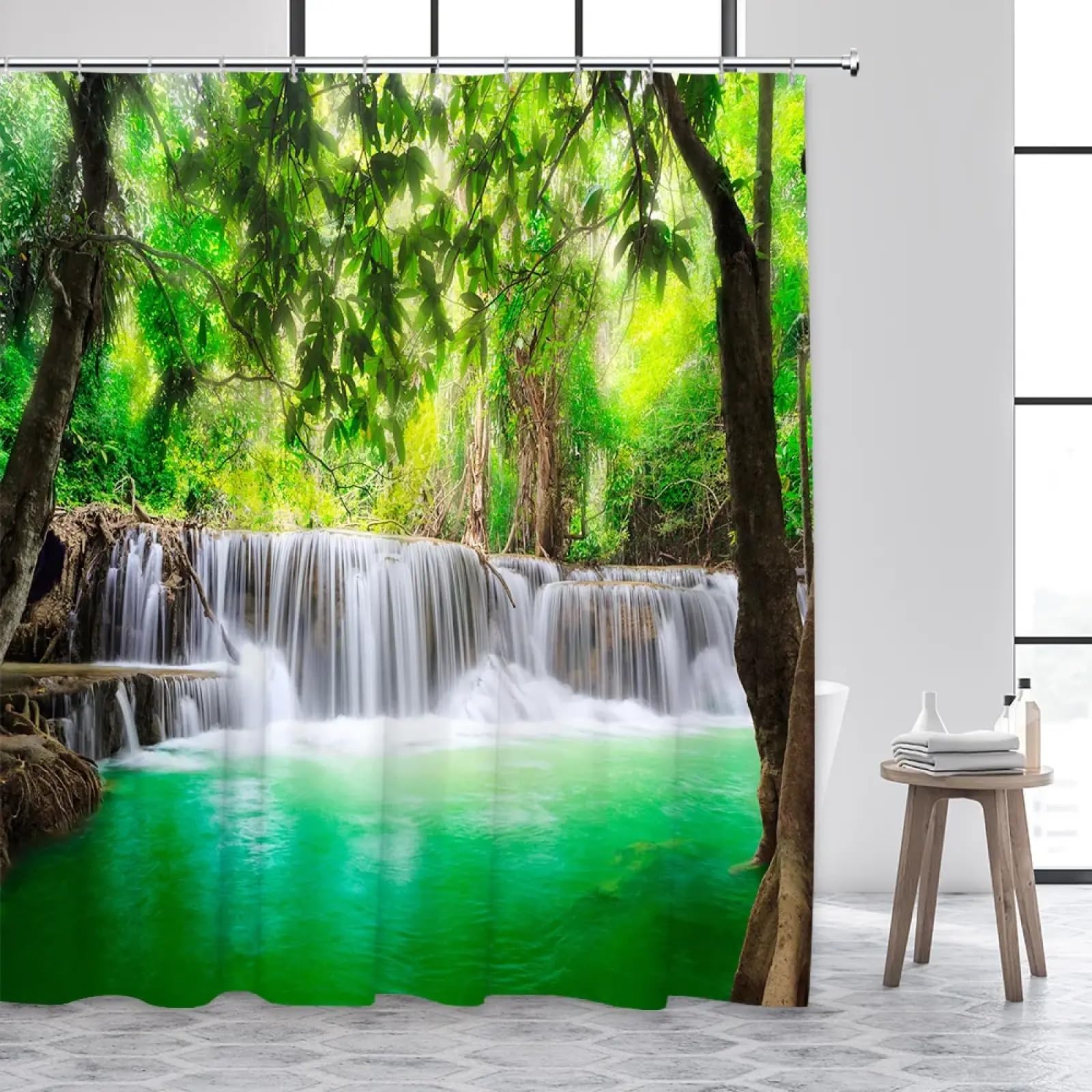 JGGXHM Forest Landscape Shower Curtains Tropical Jungle Plants Waterfall Park Nature Scenery Fabric Bathroom Curtain Decor Hooks 75x170cm/WxH curtain bath