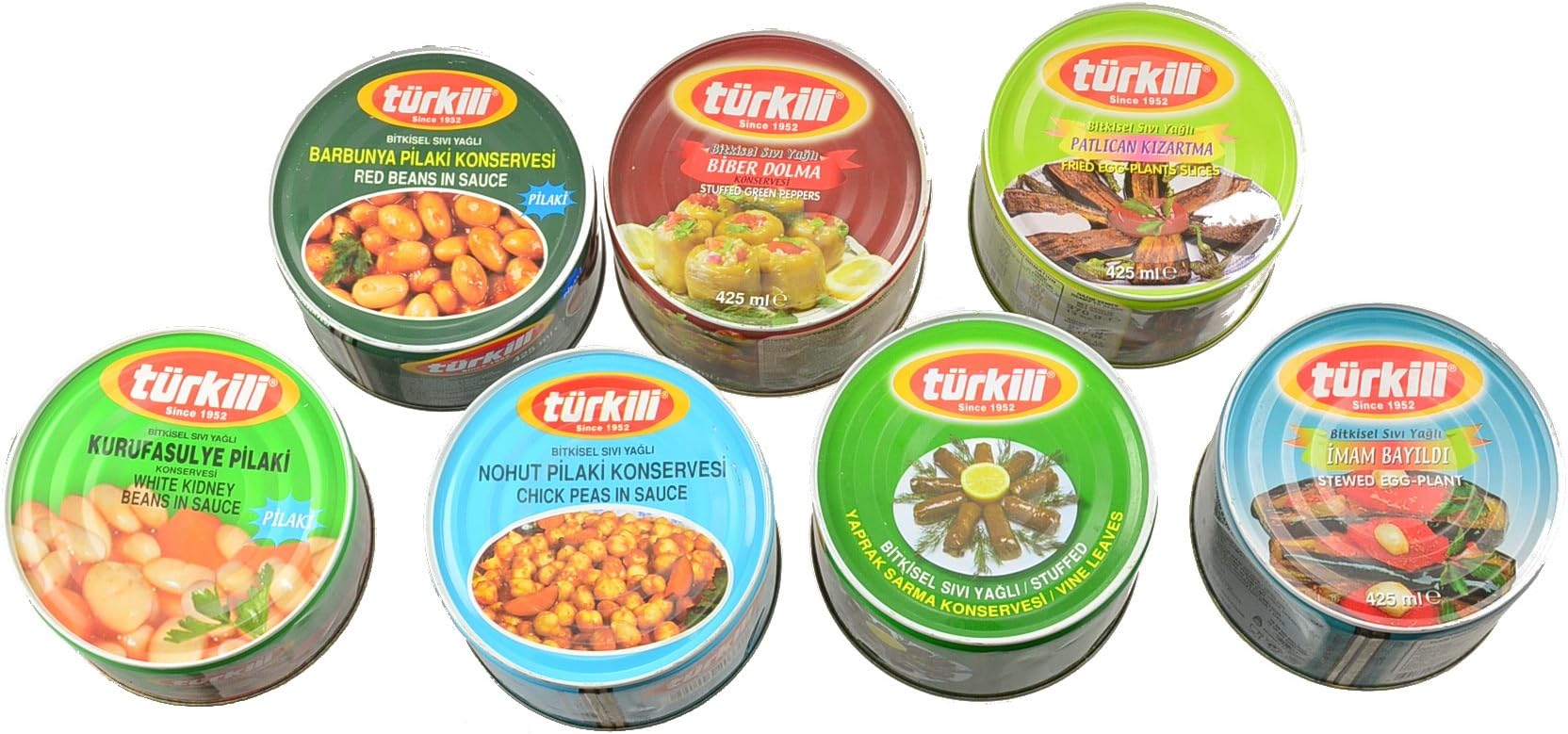Turkili Stuffed Grape Leaves, Egg Plant, Beans, Green Pepper, Chick Peas (7 Can Assortment)