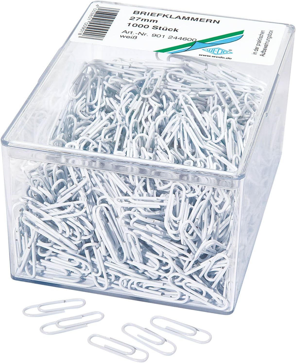 Wedo 901244600 Paper Clips 27 mm Metal Plastic Coating White Set of 1000 in Transparent Box