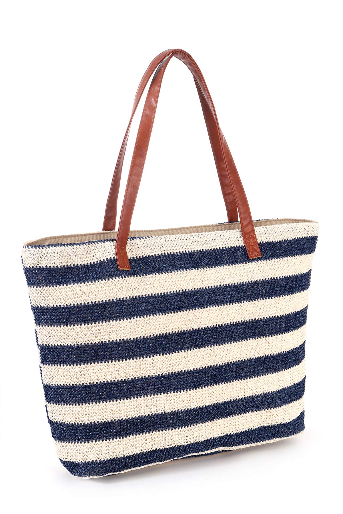 Genovega Stripe and Stitchwork Straw Tote Beach Bag with Zipper