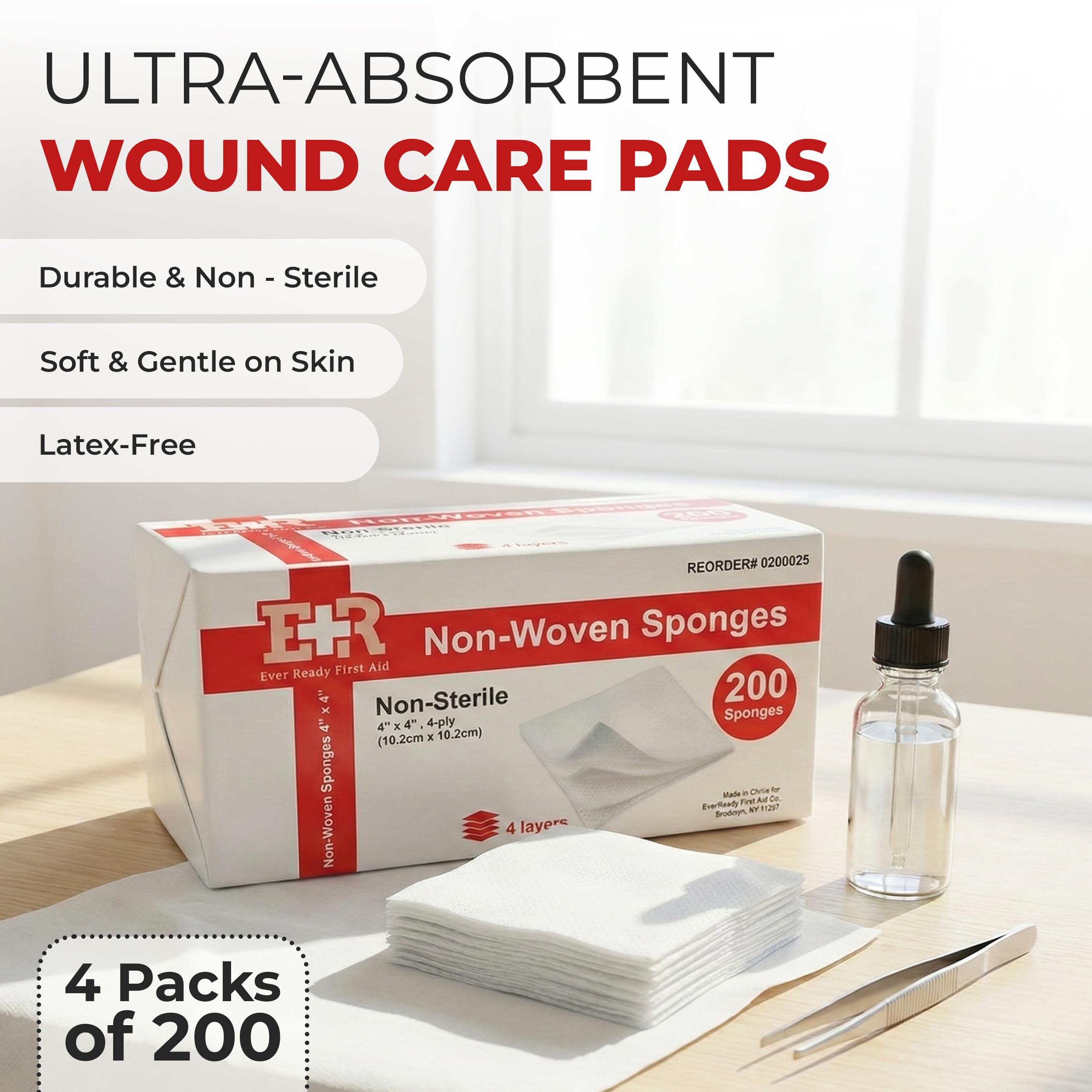 Ever Ready First Aid Non-Woven Sponges, Wound Care, Skin Care, 4" x 4", 4 Ply - 800 Count — Amazon image 2