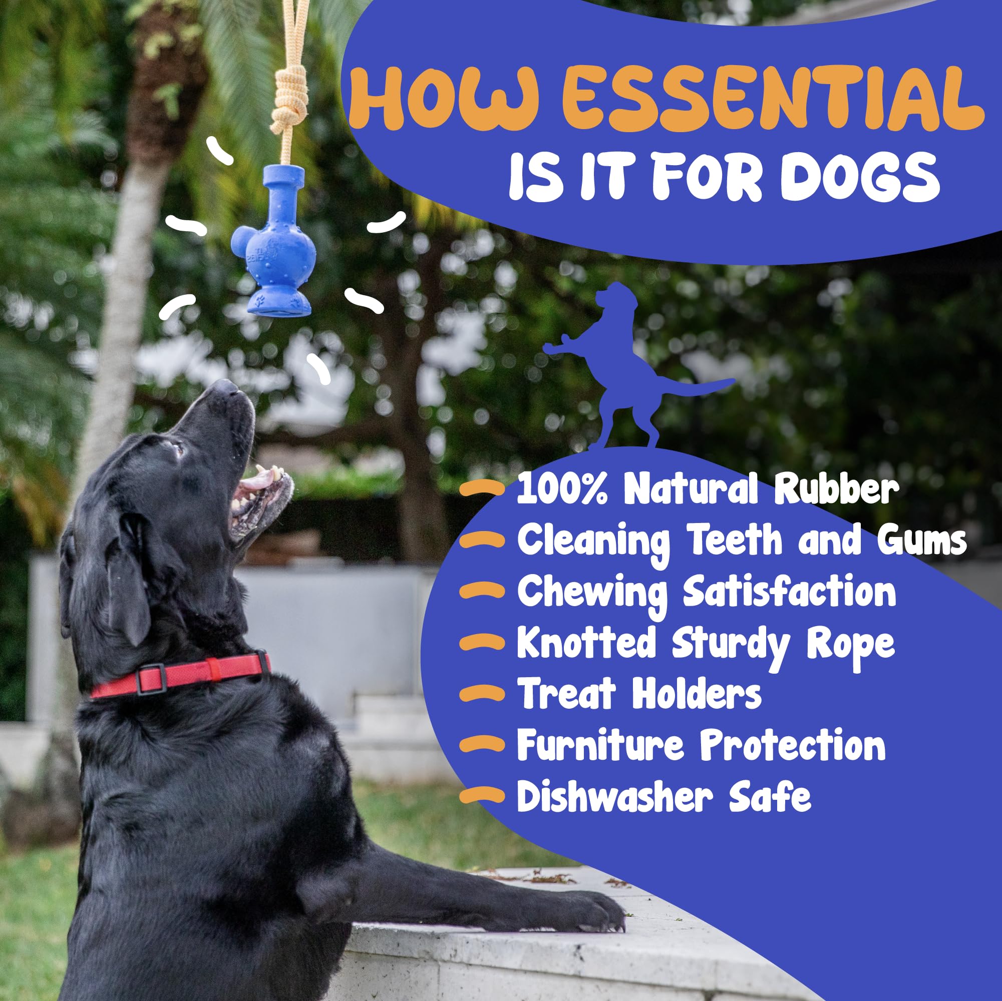 Dog Tug Toy with Rope Dog Entertaining Toys, Treat Dispensing Dog Toy, works for all dog sizes and breeds. Fun Novelty Gift - Rubber Dog Toy with funny shape Tug-A-War - Blue Body & Orange Rope - Image 2