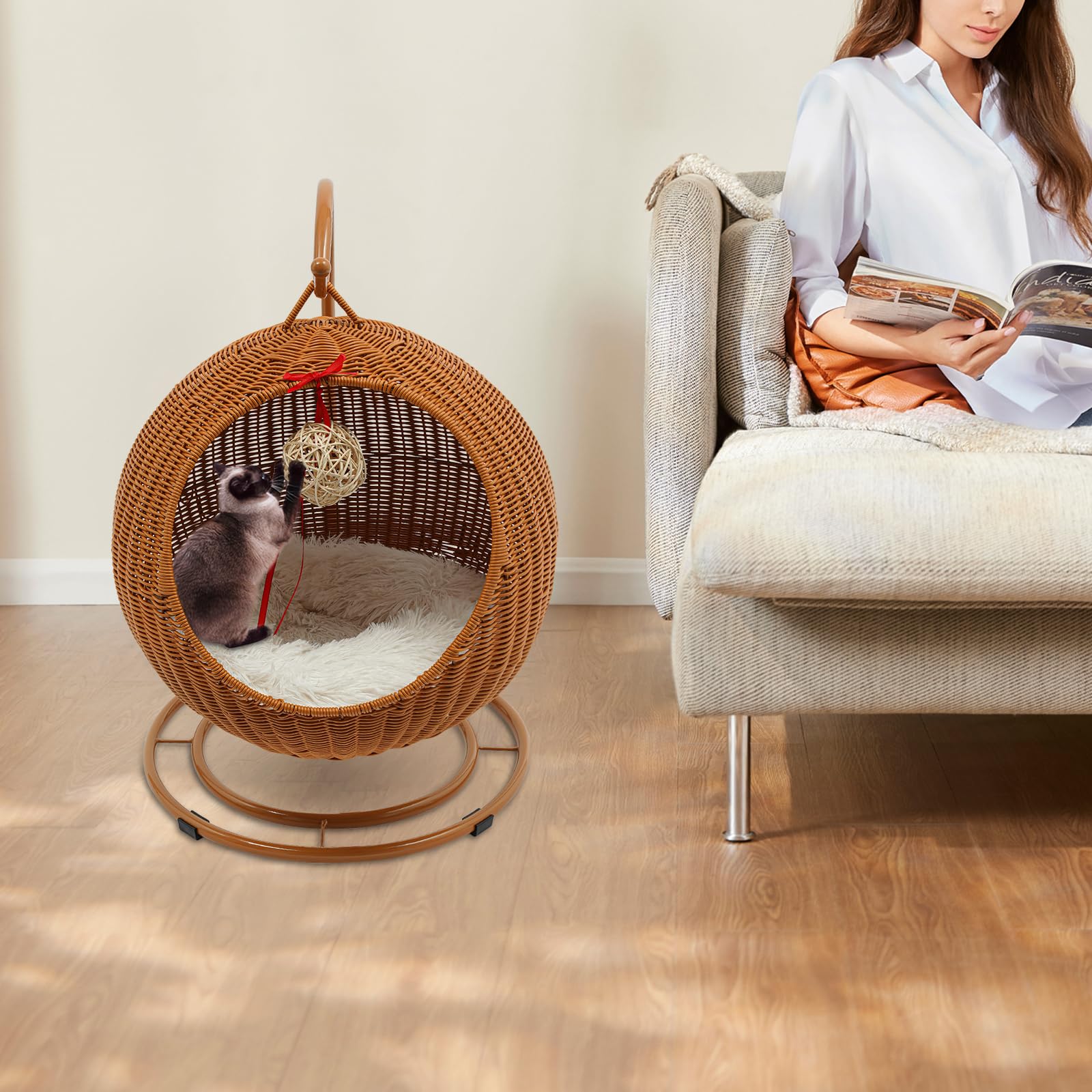 Katzenschaukel - Hängesessel für drinnen, Katzenkorb Gelbbraun | Geeignet für zu Hause oder Tierhandlungen – mit Kühlmatte und Kratzbrett – weich und bequem