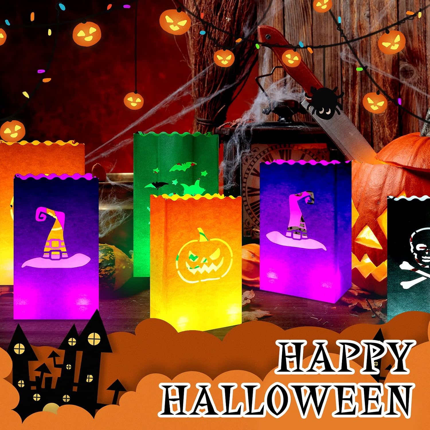 Meanplan 48 Pcs Halloween Luminary Bags with LED Light Candles Set 24 Pcs Luminary Candle Bags 24 Pcs LED Tealight Candles Ghost Lantern Bags for Halloween Outdoor Indoor Patio Decorations (Novel)