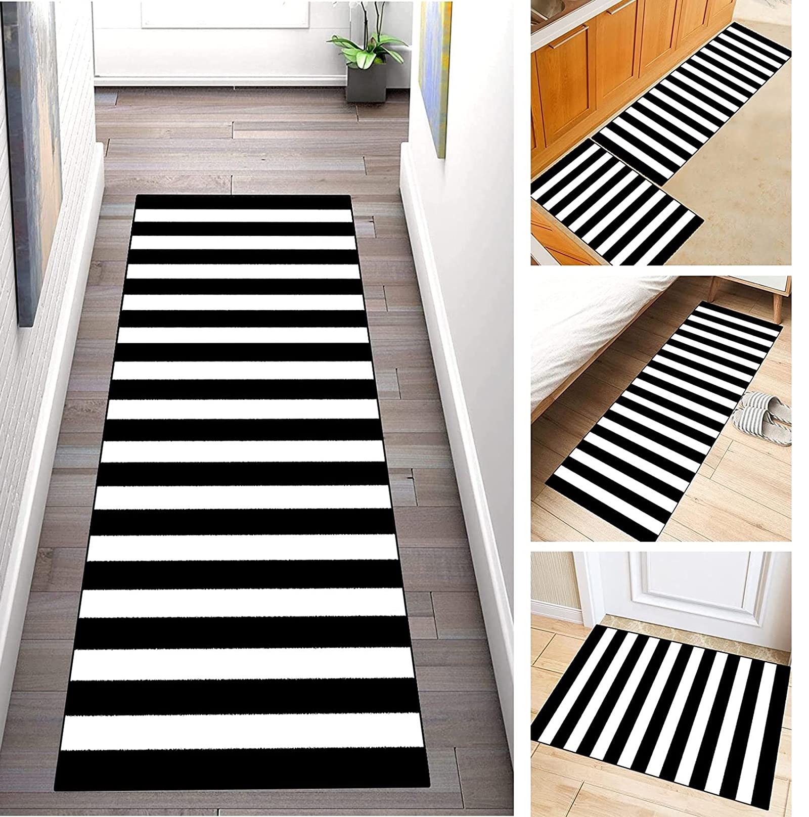 Teppich Läufer Flur Schwarz Weiss Streifen Küchenläufer Marokko Flur Teppich Küchen Teppich Waschbar Rutschfest Flur Teppich Korridor Teppich Für Küche Wohnzimmer Schlafzimmer ,Schwarz,60x150cm