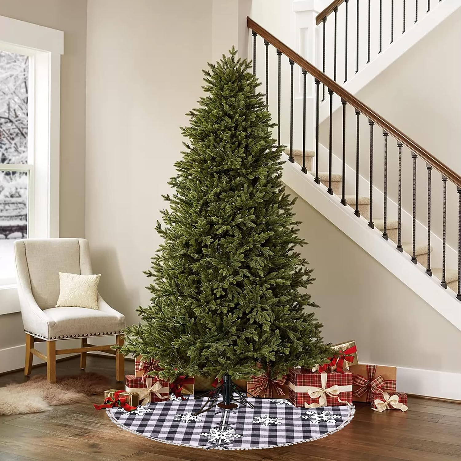 Christmas Tree Skirt Black and White Buffalo Check Plaid Tree Skirt with Snowflake Design&Pom Pom, 48inch Double Layers Xmas Tree Skirt for Christmas Decorations, Winter New Year House Decoration