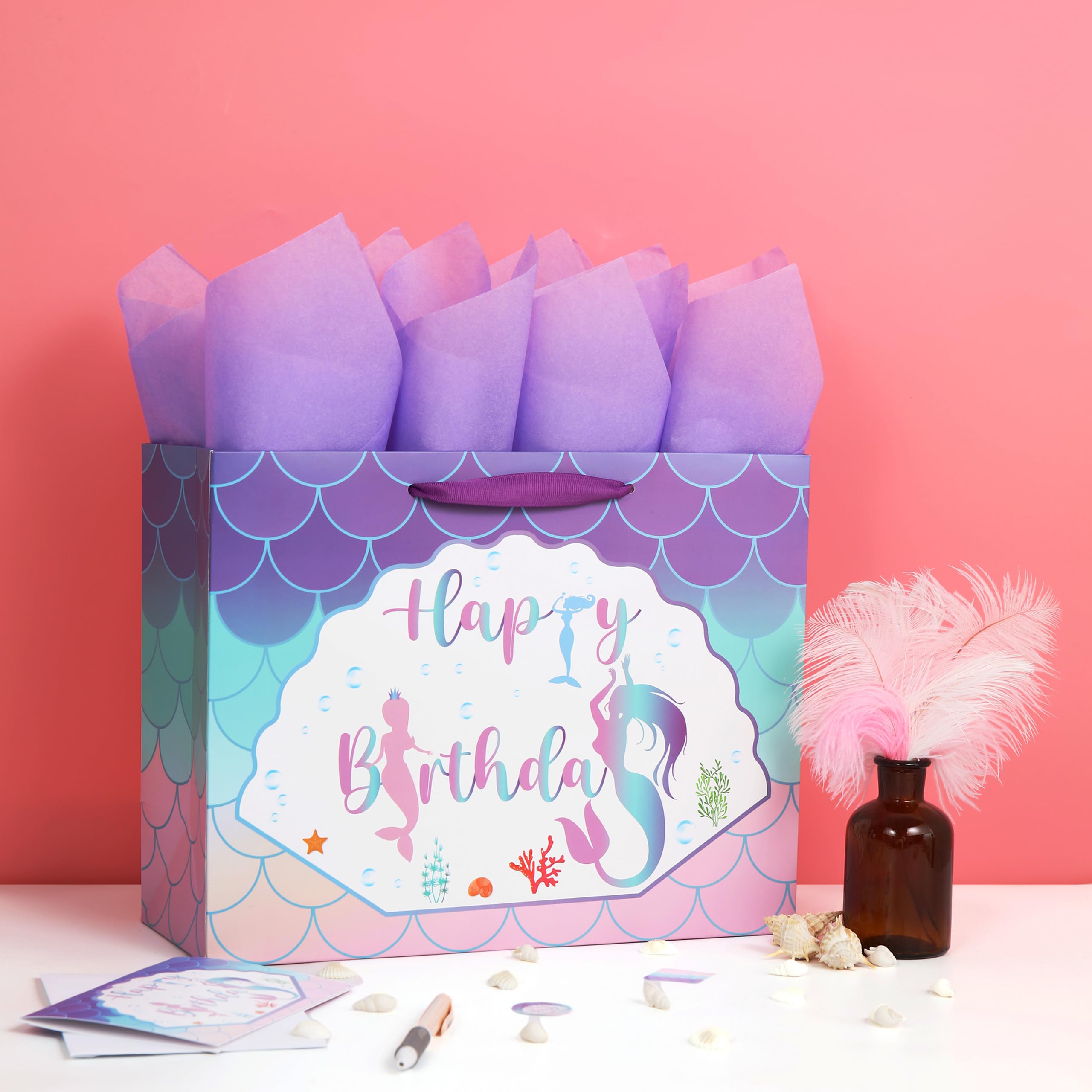 Qirrmiy 13" Large Purple Gift Bag Set with Greeting Card and Lavender Tissue Papers (Mermaid Design) for Girls' Birthday Party, Women's Birthday Parties, Baby Girl - 13”x5.2”x10.2”, 1 Pcs.