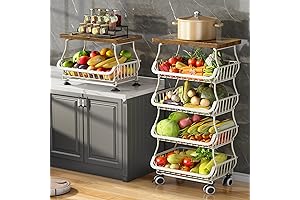 Stackable Wire Storage Basket with Wood Top and Casters