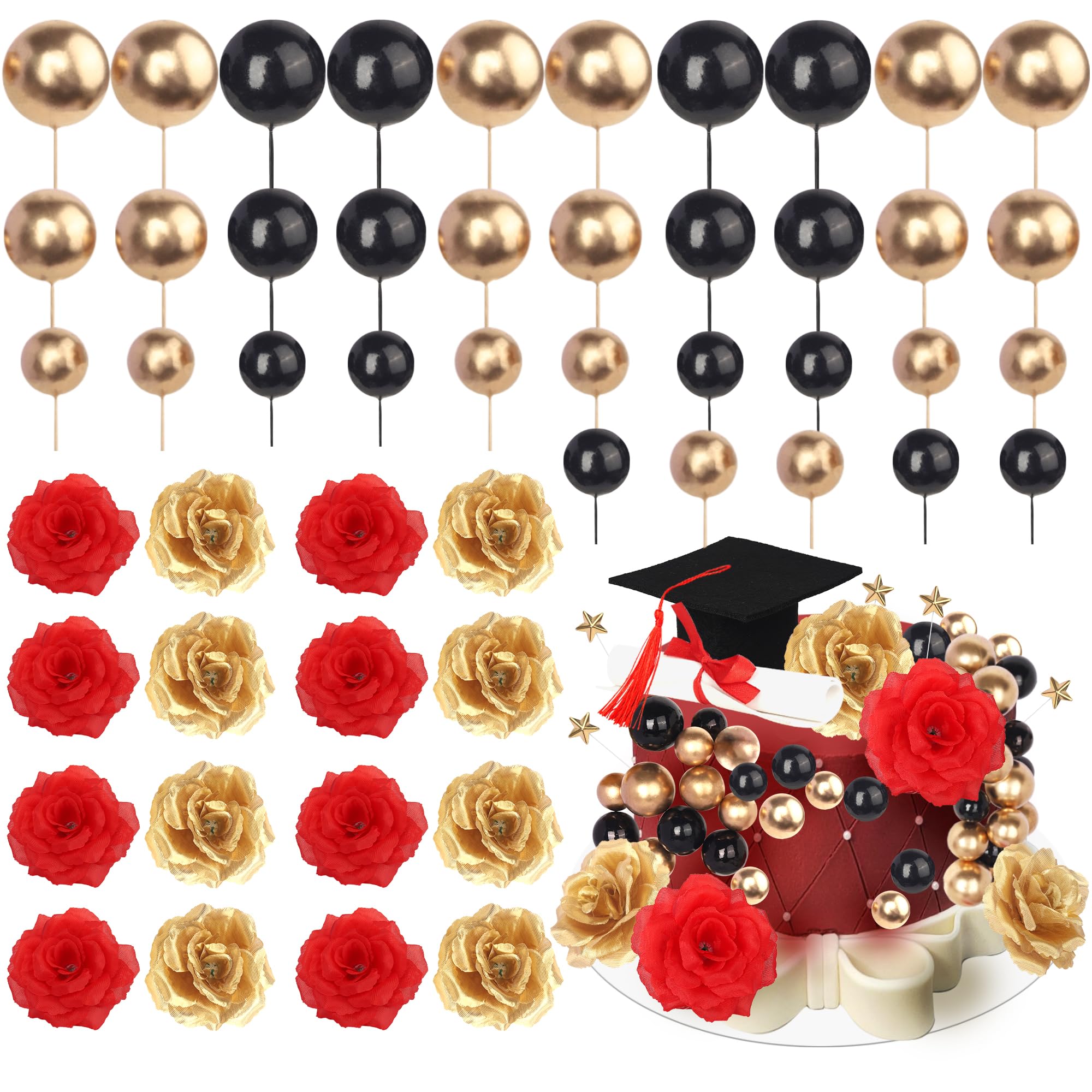 2026 Graduation Cake Topper Decoration Diploma Done Grad Cap Cake Pick Balloon Flower Prom 2026 Graduation Cake Decorations for Class of 2026 Congrats Grad Party Cake Supplies Black Red