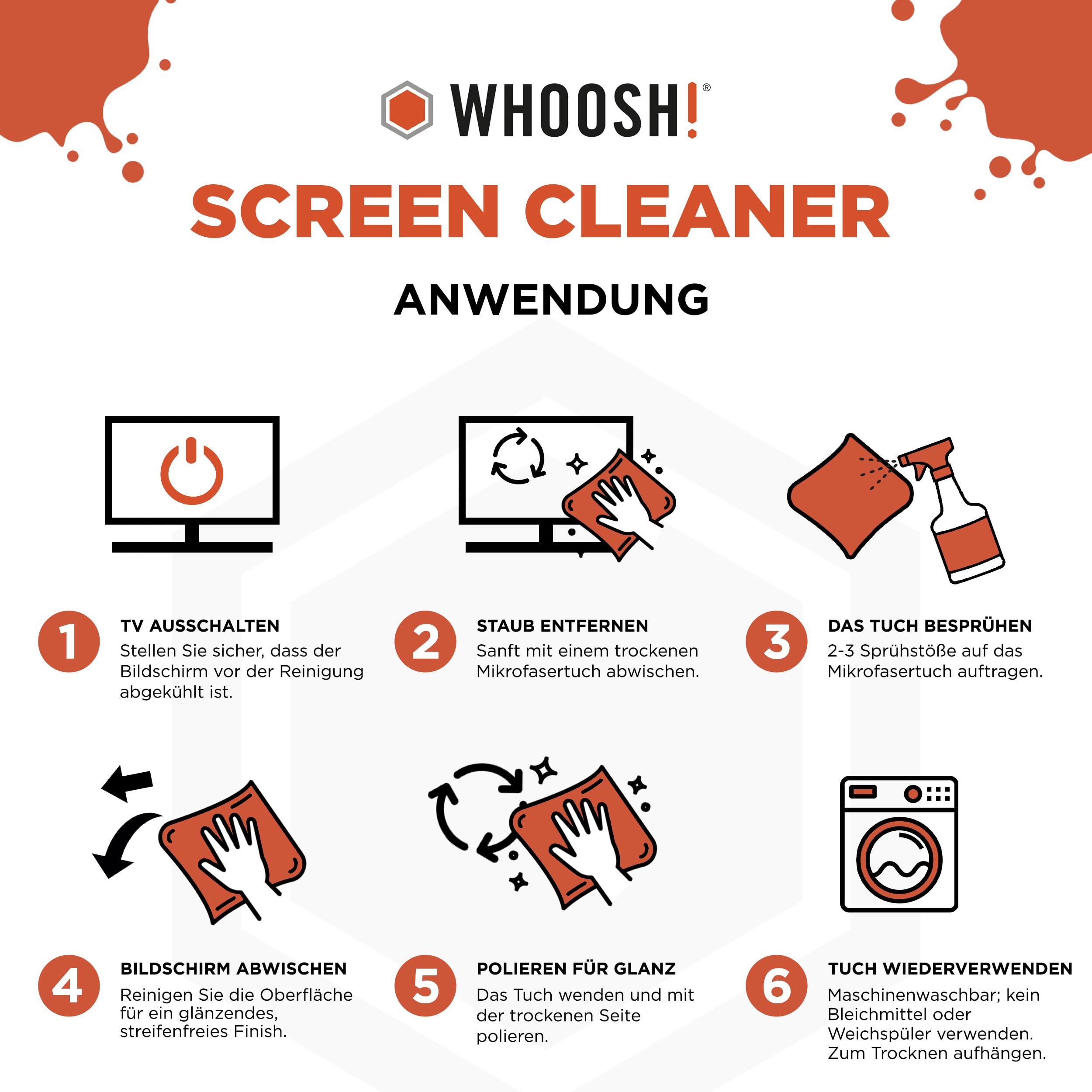 WHOOSH! Großes Bildschirmreiniger-Spray und Wischtuch - Kit, 500ml + 1 Mikrofaserreinigungstuch - Für TV, Laptop, MacBook, iPad, Telefon, Kamera, Touchscreen - Industrie-Größe Elektronikreinigungsset | Screen Cleaner-Set – TV, Laptop, iPad & Touchscreen –