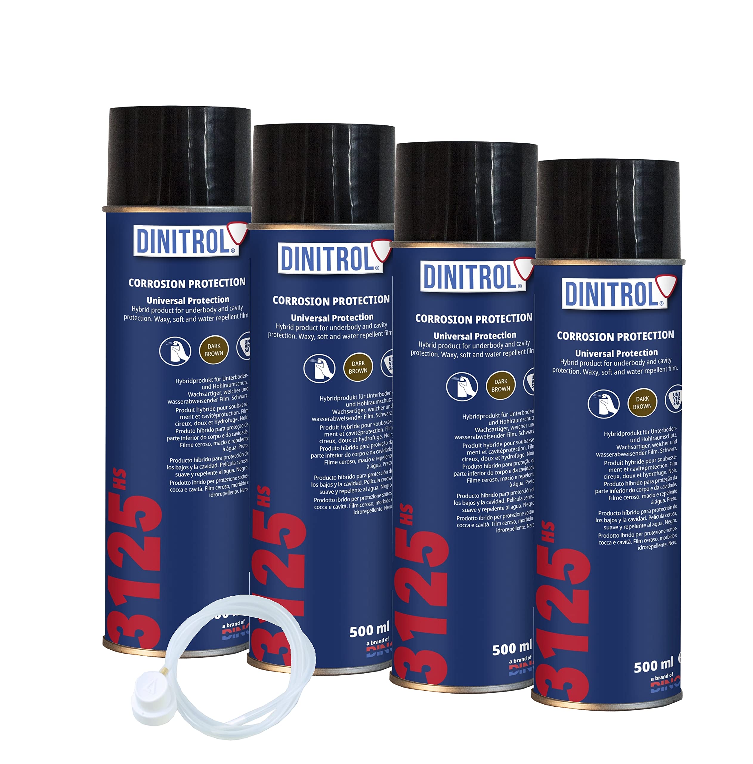 DINITROL® 3125 HS (High Solid) Tropffestes Hohlraumwachs, 4 x 500 ml Aerosole und 1 x Aerosol-Verlängerungsschlauchdüse