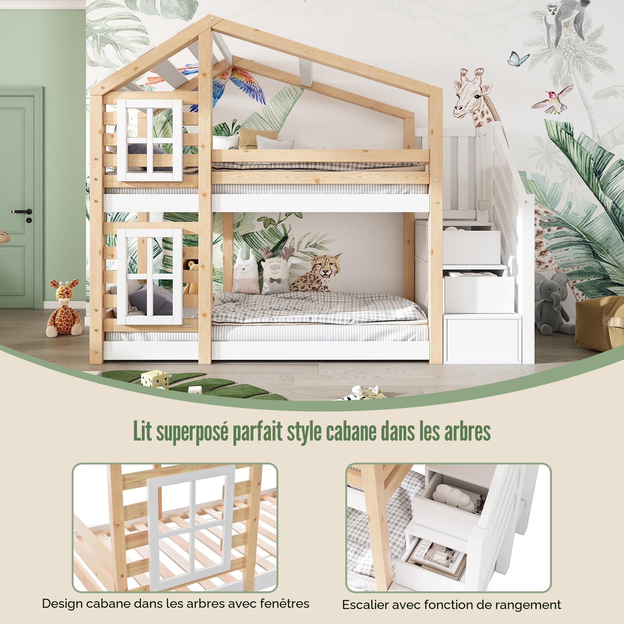 Sapgaks Lit cabane Enfants 90x200 Lit superposé Enfant lit Double lit Simple Protection Anti Chute, cabane d'arbre avec tiroir et Protection Anti Chute, lit Mezzanine pour Enfants Naturel et Blanc