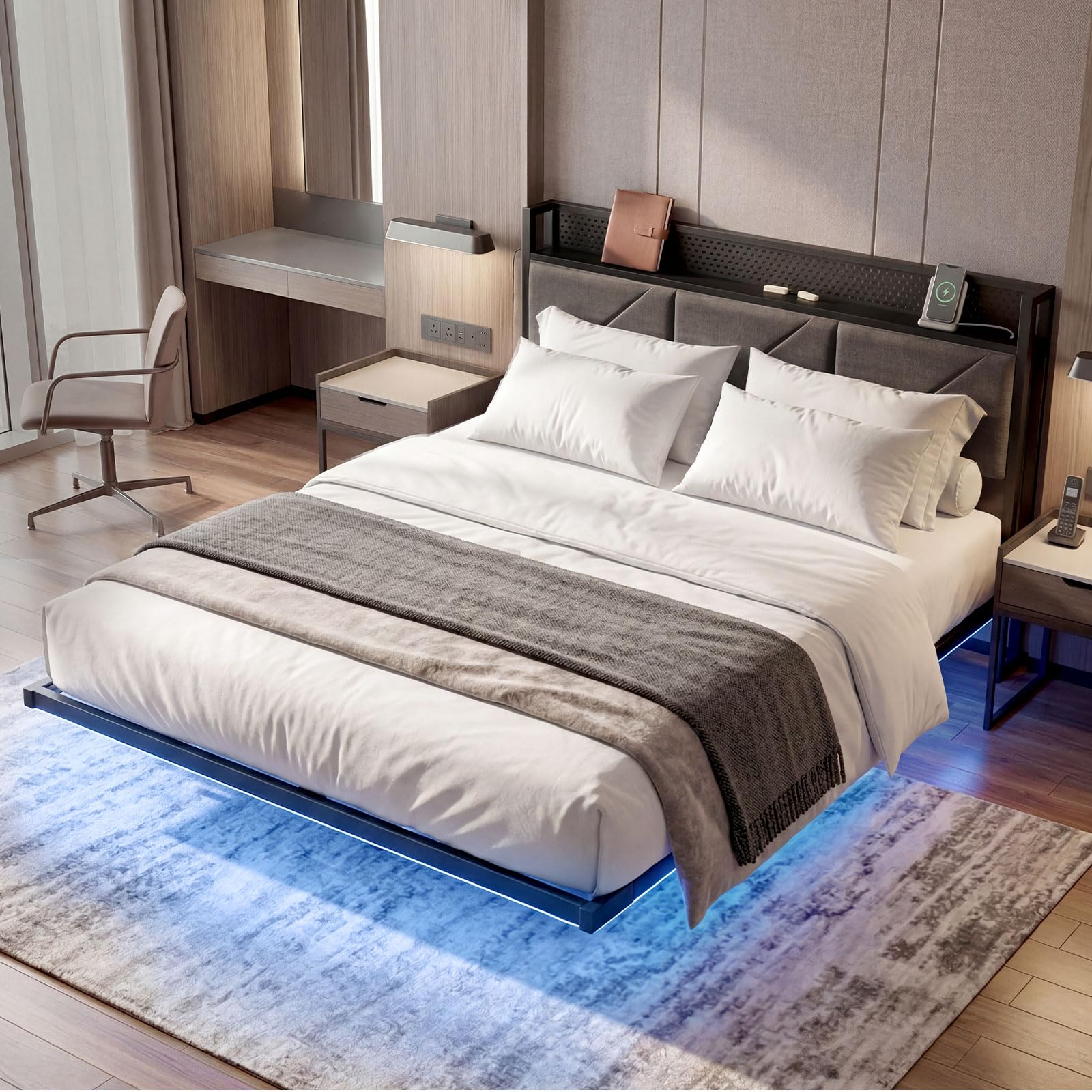 Levede Floating Double Bed Frame 135x190cm, Platform Bed Frame with LED Lights, Upholstered Storage Headboard, USB & Power Sockets, 4ft6 Double Bed Frame, Heavy Duty Metal Frame, Noise Free, Grey