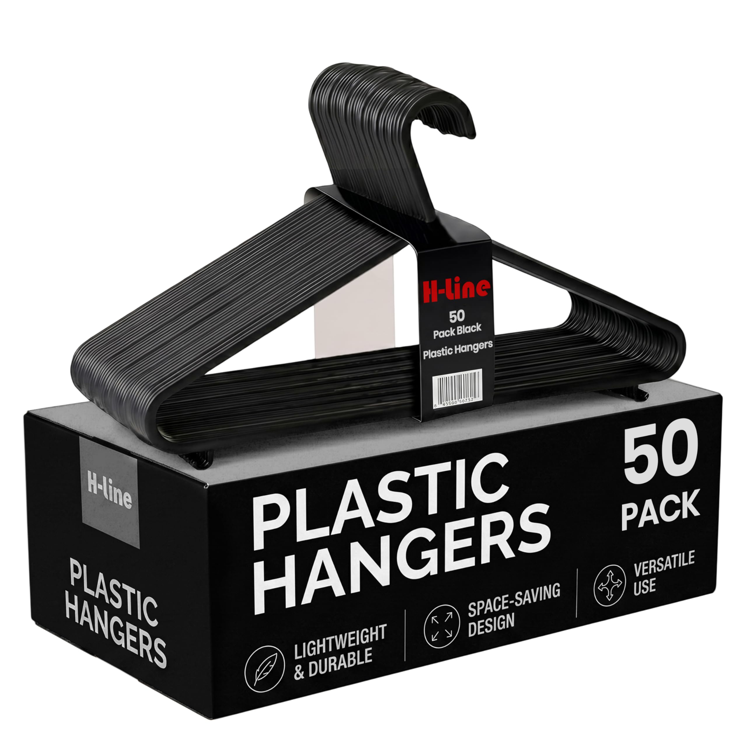 H-Line Black 50 X Coat Hangers, Coat Hangers Adult Coat Hangers With Trouser Bar And Lips