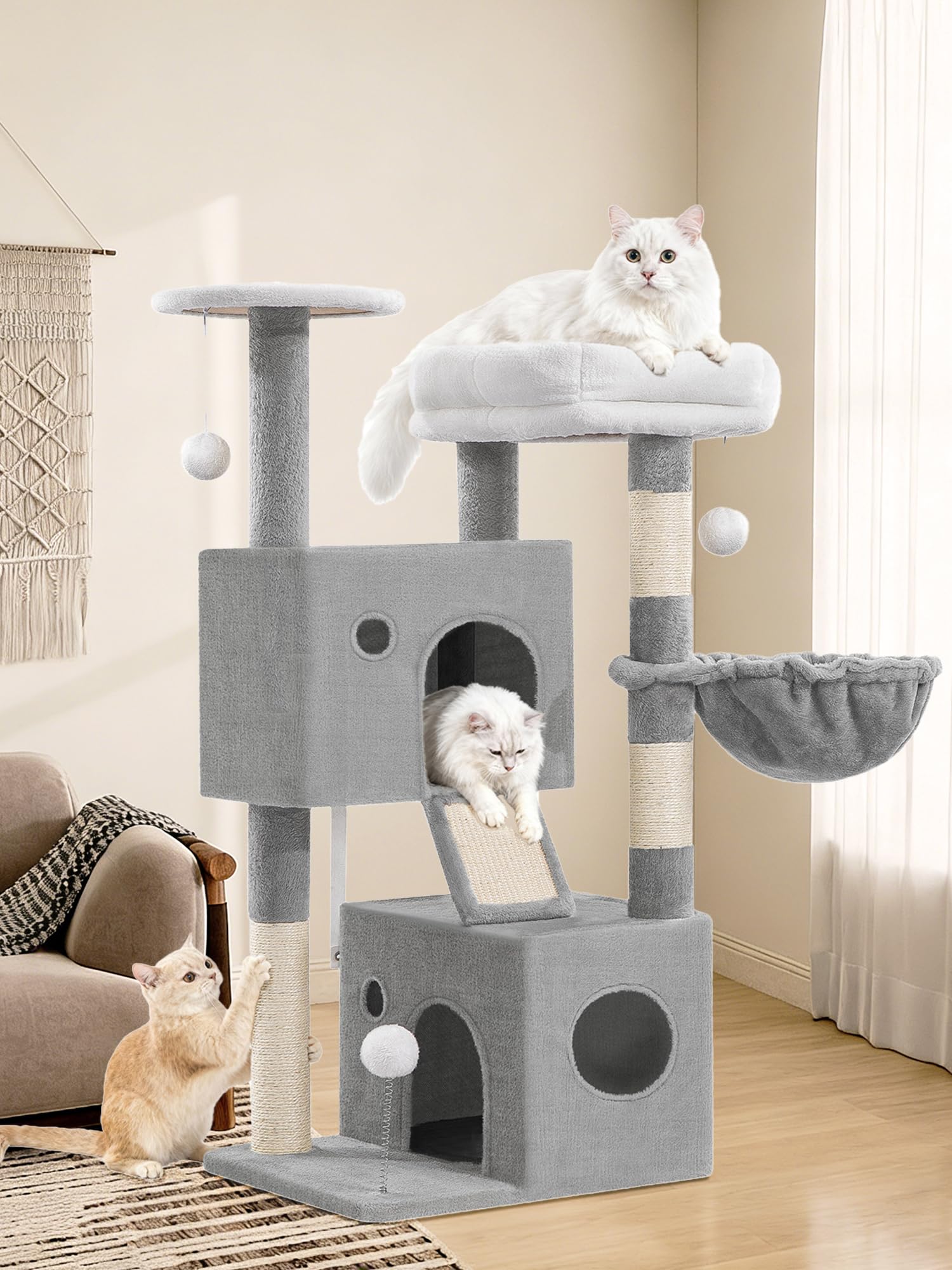 Kratzbaum für Indoor-Katzen, 108 cm, mehrstufiger Katzenkletterturm mit 2 Höhlen, Hängematte, Sisal-Kratzbäume & Brett, interaktives Spielzeug, abnehmbares Kissen, Hellgrau, 50 x 40 x 108 cm