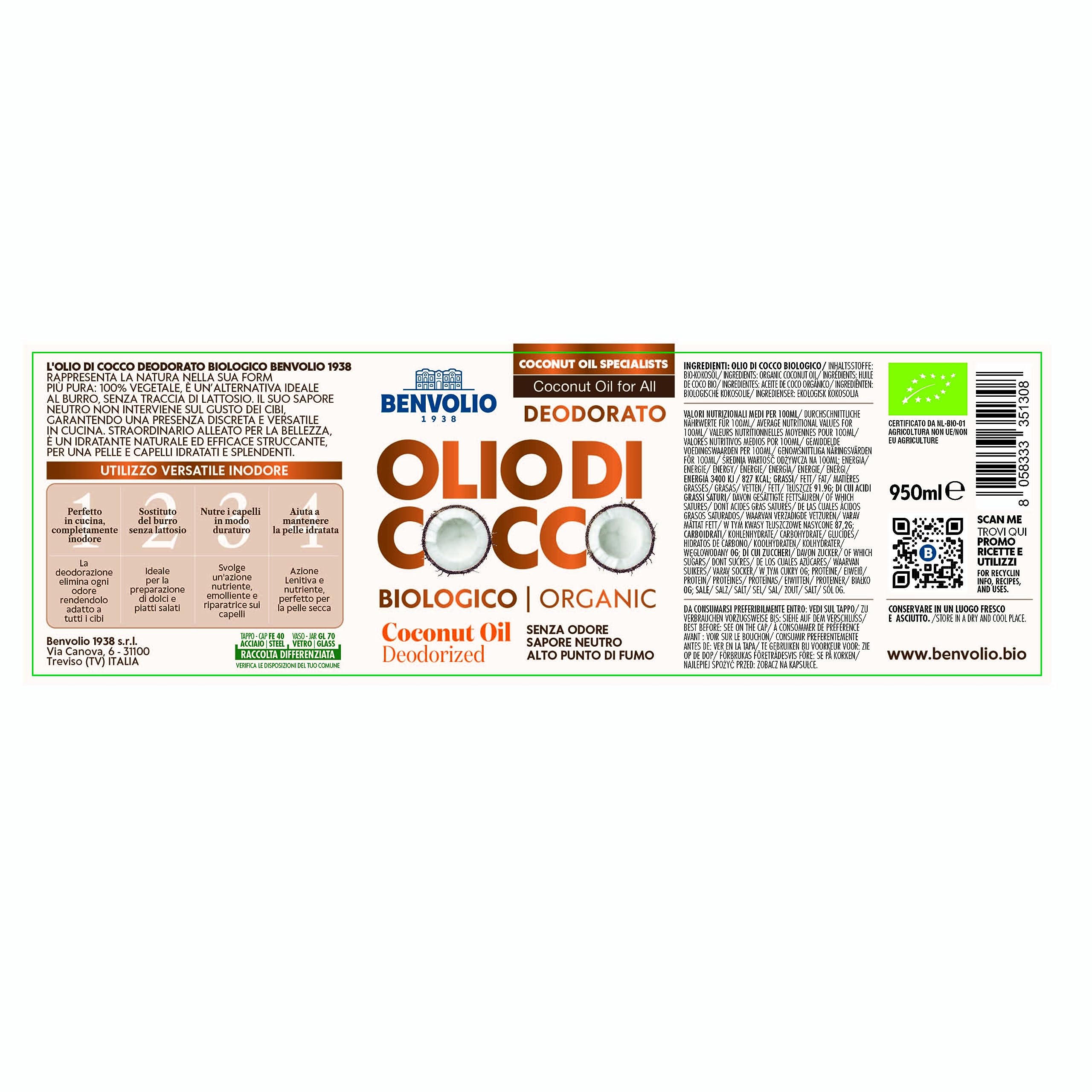 BENVOLIO - Aceite de coco orgánico desodorizado | 950 ml | Puro, versátil e inodoro | Sin lactosa | Hidratante para la piel y el cabello | Cocina y cuidado personal | Aceite de coco y kokosöl