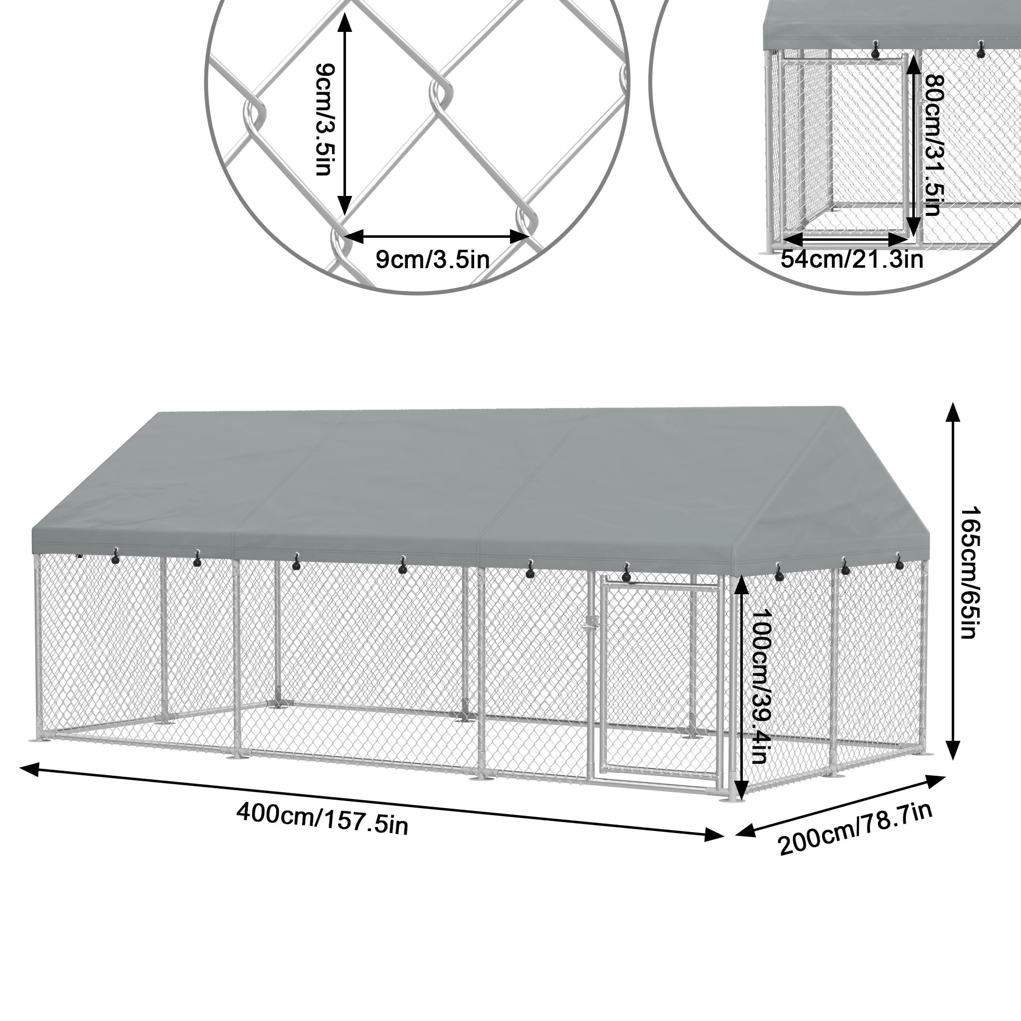 FIVMEN Clôture pour chien - 400 x 200 x 165 cm - En acier galvanisé - Avec protection solaire - Toit et porte verrouillable - Enclos pour chien - Extérieur
