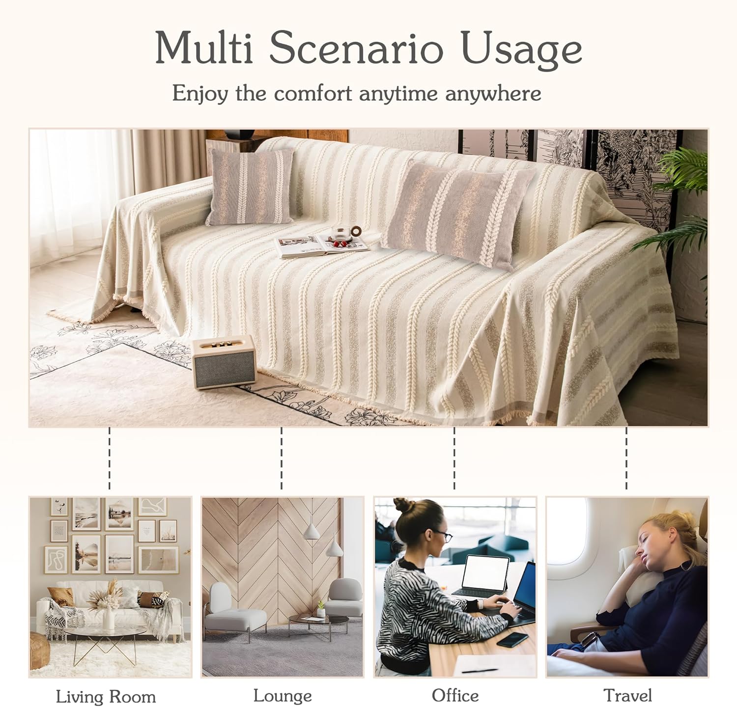 Beige,71''x102'' Couch Cover for Dogs Washable Sofa Cover, Sectional Couch Covers, Sofa Covers for 2 Cushion Couch, Non Slip Stripe Sofa Slipcovers Furniture Protector, Couch Protector from Cat Claws, Beige,71''x102'