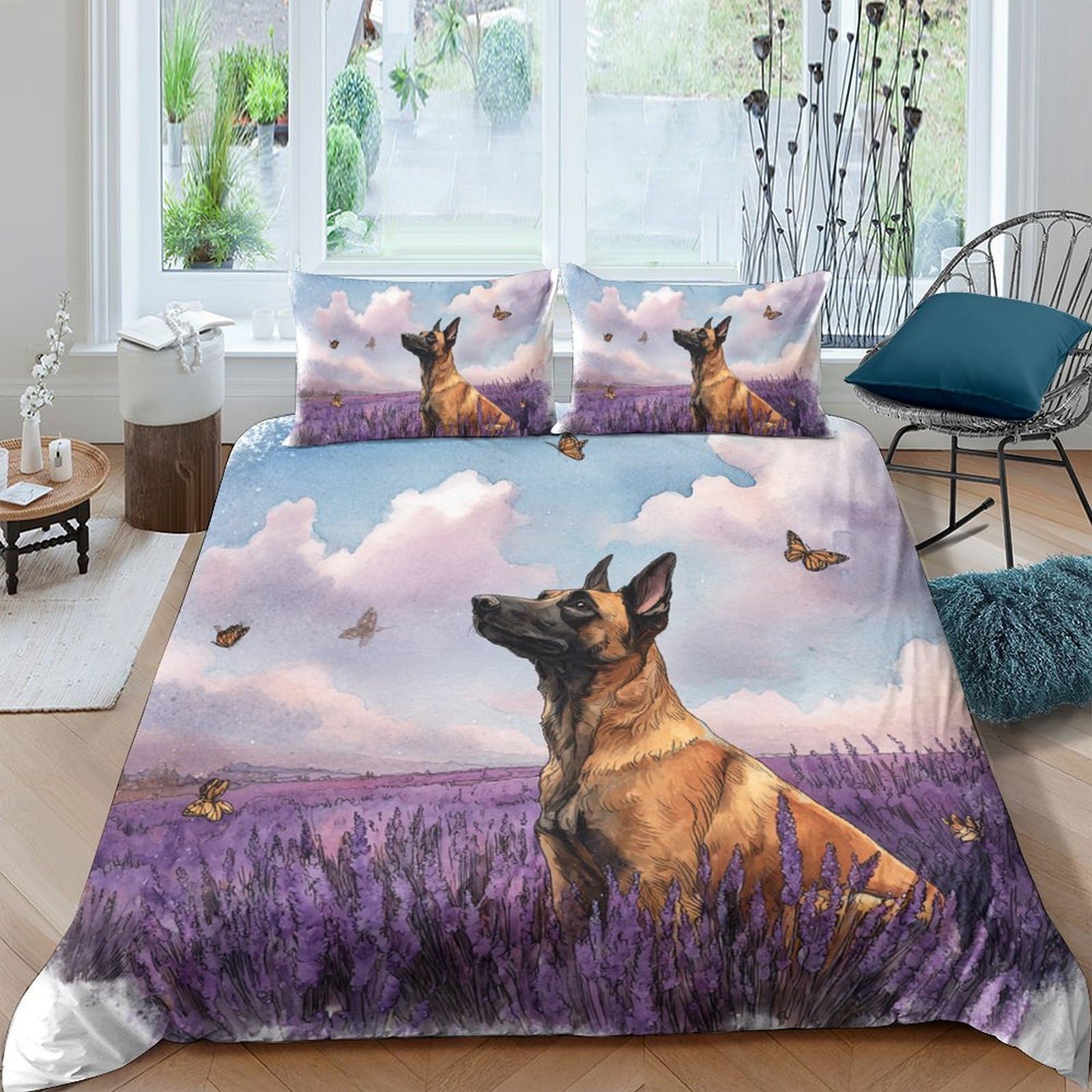 TUFRTGYHN 3D Printed German Shepherd Lavender Field Duvet Cover Microfiber Soft Breathable Sunset Sky Bedding Set with 2 Pillowcases for Bedroom Decor Single（135x200cm）