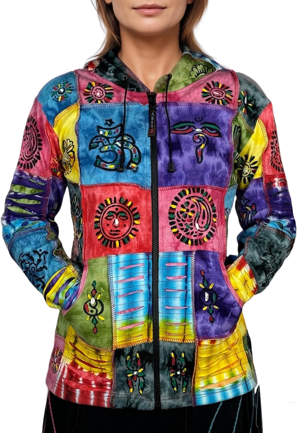 Agan Traders Zip-Up Women's Fashion Hoodies & Sweatshirts - Auspicious Symbols Multi-Colored Patched Light Jackets for Women