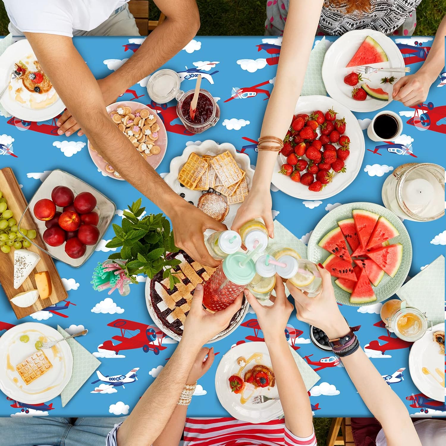 Wiooffen 3pcs Airplane Party Tablecloth Supplies Plane Plastic Table Cloth Helicopter Blue Sky Theme Table Cover Favors Disposable Tablecloths Birthday Decorations for Kids, 54” x 108” - Image 5