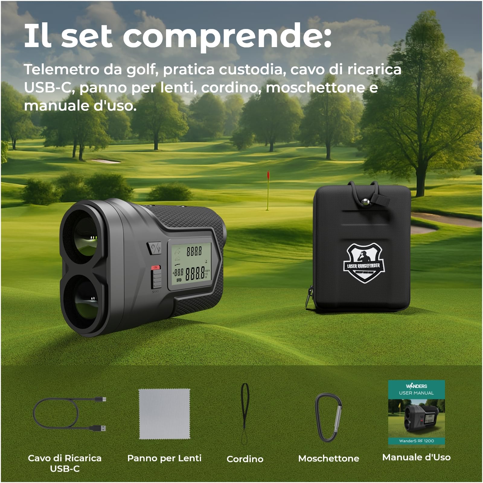 Telemetro Golf 1097M con Pendenza e Blocco Bandiera di WanderS – Telemetro Laser USB-C Ricaricabile, Vibrazione, Ingrandimento 6X, Modalità Torneo, Display Laterale – Accessorio Golf Uomo