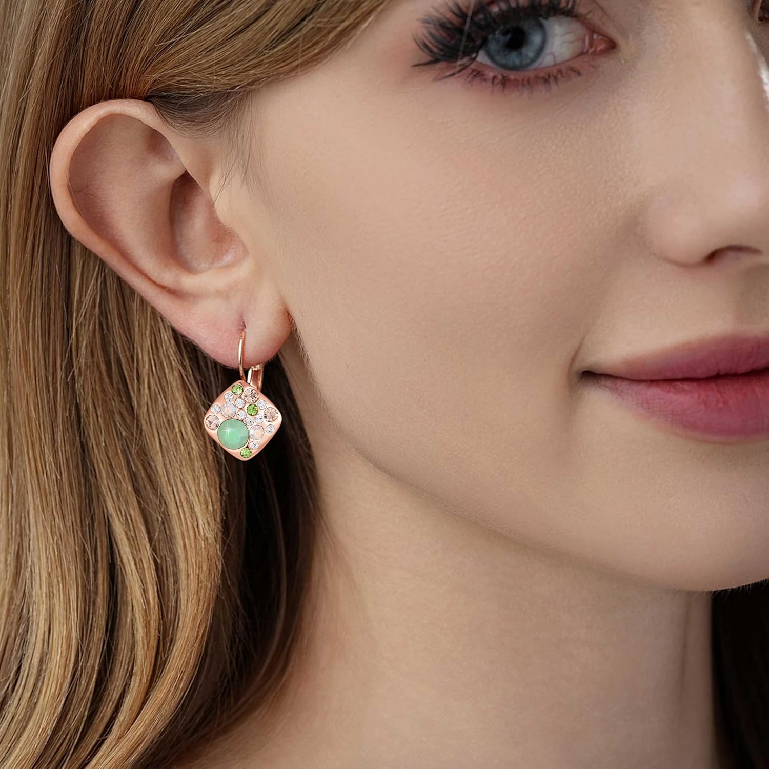 Multicolored Austrian Crystal Square Drop Leverback Earrings for Women 14K Gold Plated Huggie Earrings Hypoallergenic Jewelry - Image 7