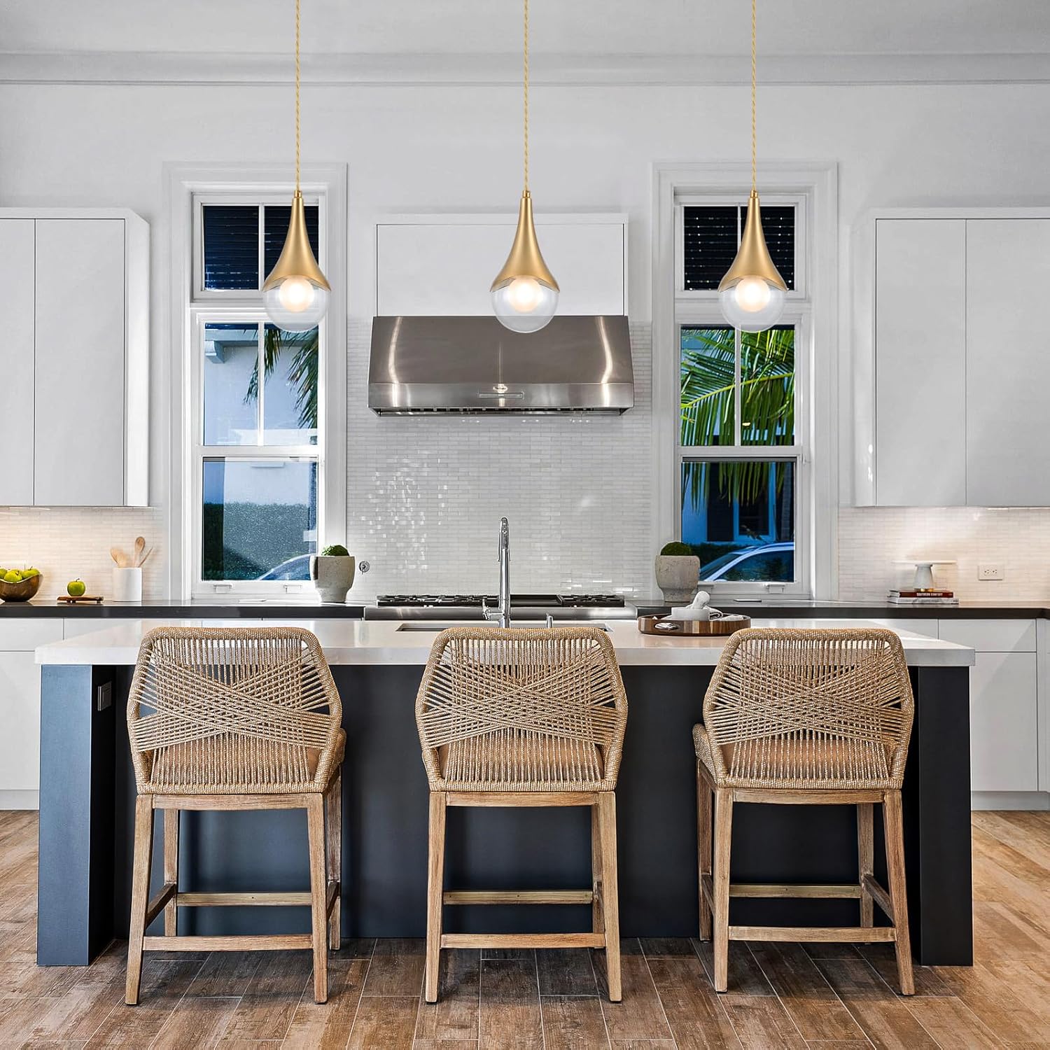 MWZ Gold Pendant Lights Kitchen Island 3 Pack, Modern Brass Raindrop Pendant Light Fixture Over Table with Clear Glass Globe Shade,Mini Teardrop Chandelier,Adjustable Cord Hanging Lighting for Sink