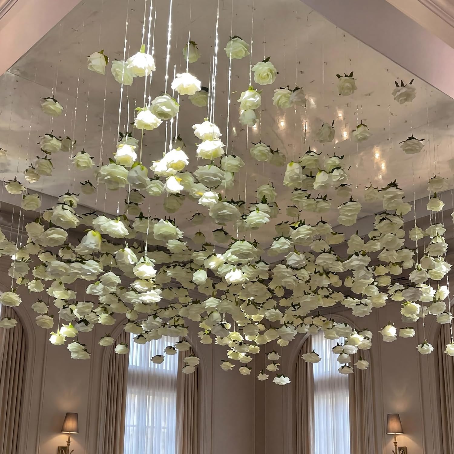42 Pcs 3.28 ft White Rose Flower Garland Hanging Artificial Wedding Flowers Ceiling Vine Decor Fake Floating Floral Garlands with Hooks for Wall Wedding Backdrop Bachelorette Bridal Shower Party