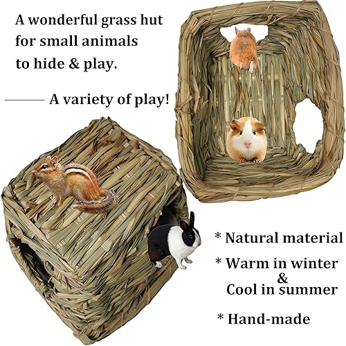 Miniatura 4 de PINVNBY Casa de hierba de conejillo de indias con juguetes para masticar, conejito pequeño, escondite natural para mascotas, cabaña de césped con