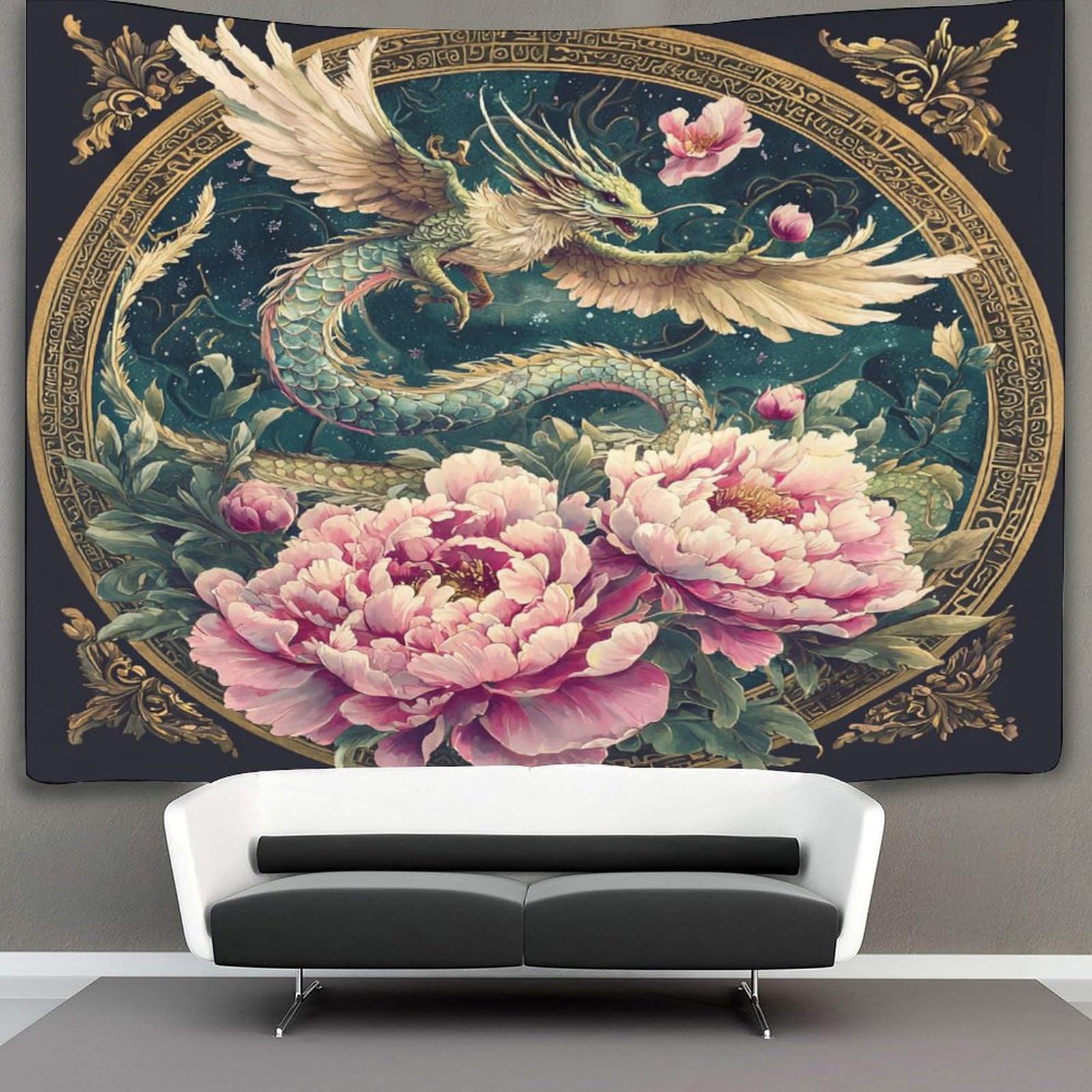 kaiyun Flying DragonTapestry Pink Peony Wall Hangings Living Room Decorative for Bedroom 150cmx200cm