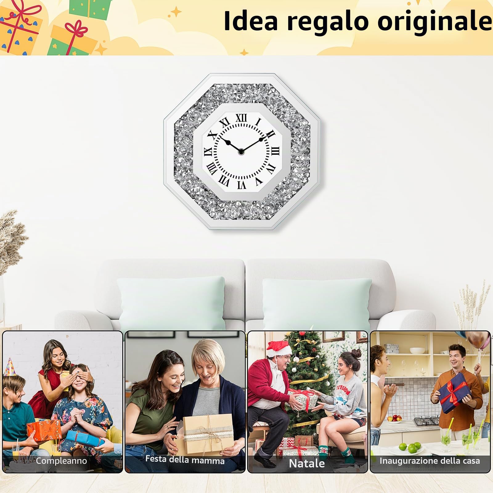 Orologi da parete Moderni per Soggiorno, Orologio da parete con Glitz senza Ticchettio Argento, Orologio da parete Diamante di Lusso Ottogonale da 30 cm, Orologio con Cristalli Glitz con Meccanismo al