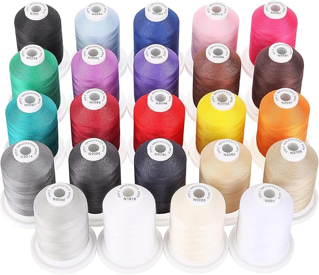 New brothread - 18 Options - Multi-Purpose 100% Mercerized Cotton Threads 50S/3 600M(660Y) Each Spool for Quilting, Serger, Sewing and Embroidery - 24 Basic Colors