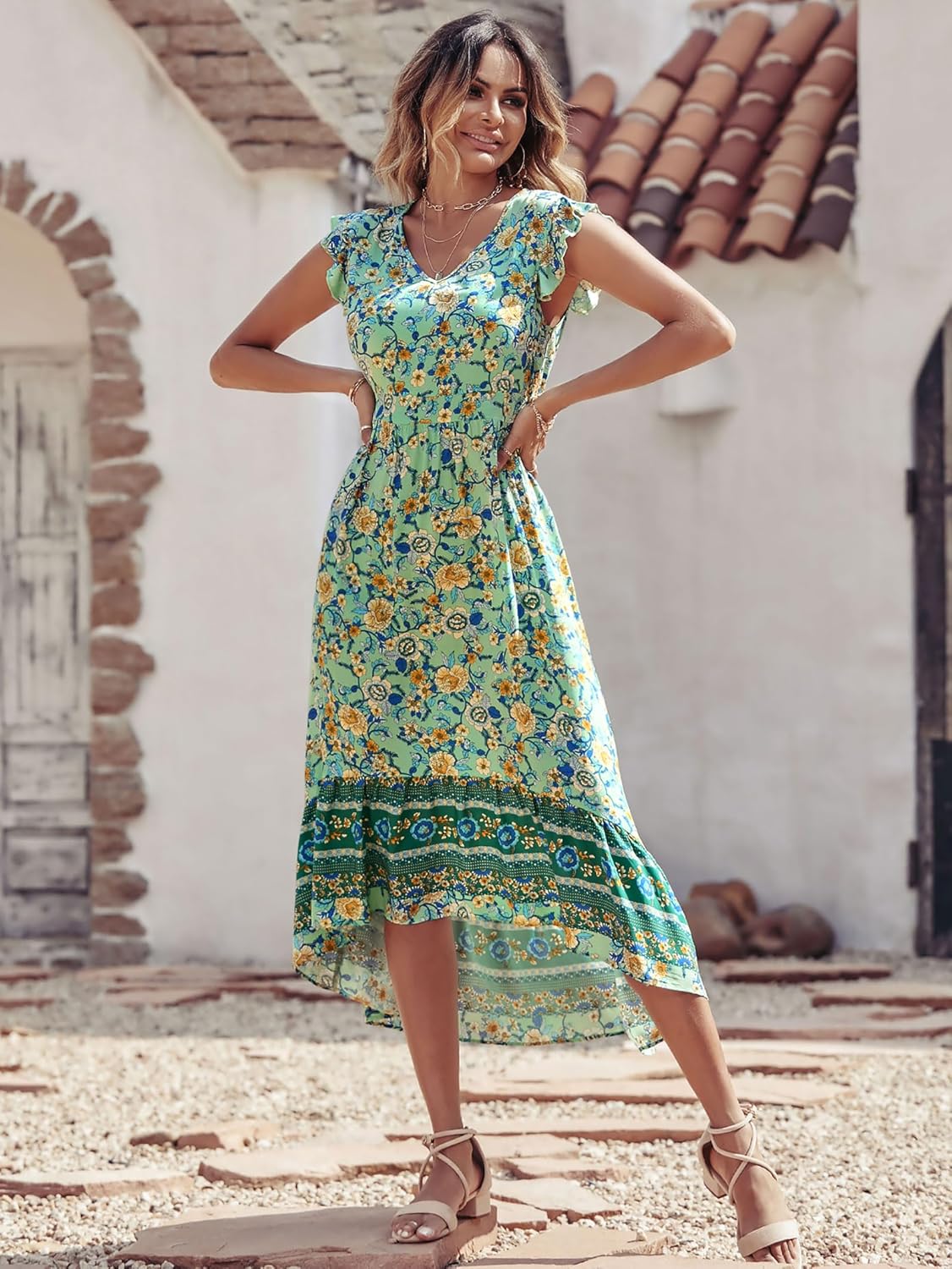 PRETTYGARDEN Women's Summer Maxi Dress Casual Floral V Neck Cap Sleeves Boho High Low Flowy Midi Long Sun Dresses - Image 5