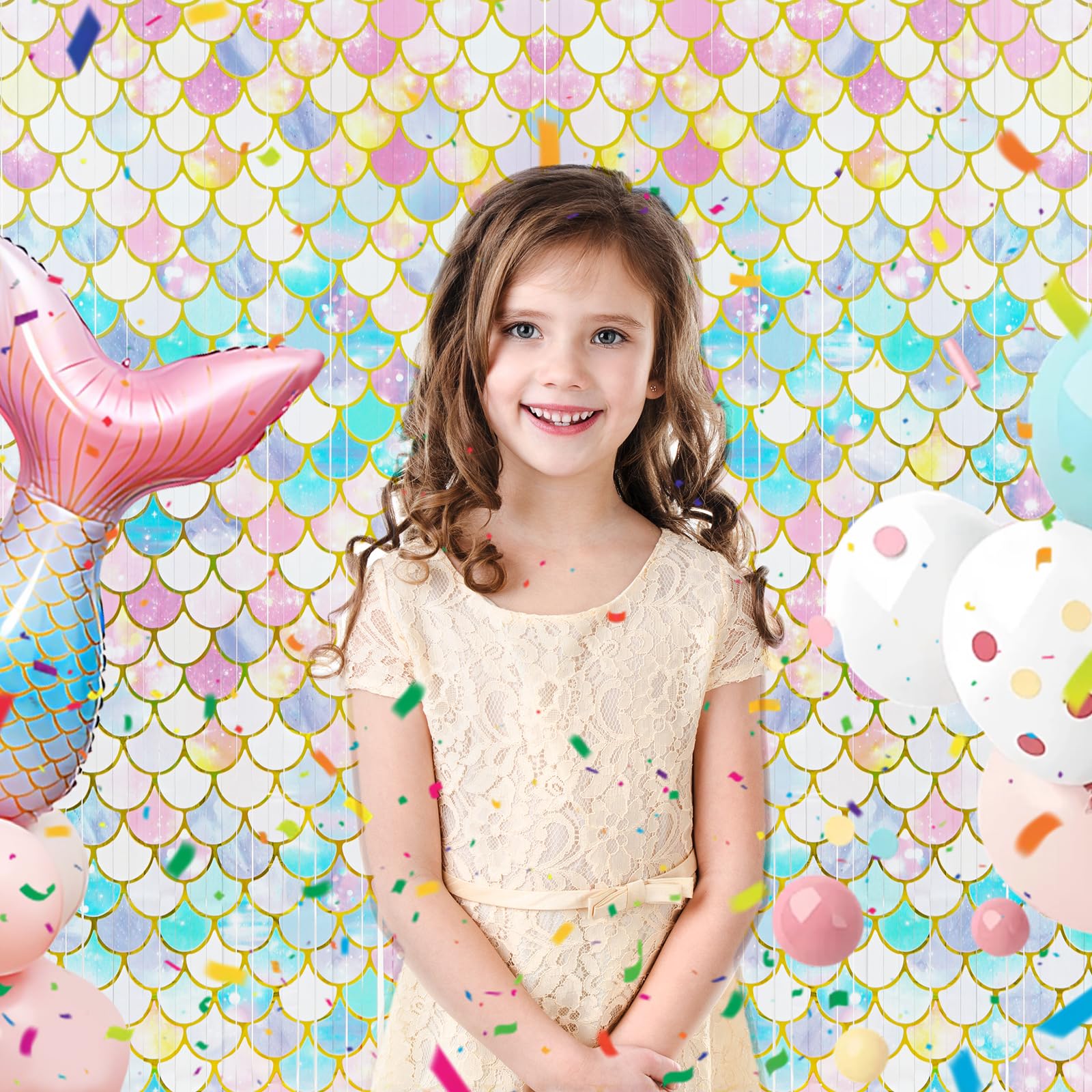 We1stdsee Mermaid Birthday Party Decoration Supplies Includes 1 Birthday Banner + 2 Tinsel Foil Fringe Curtains, Photo Booth Prop Backdrop for Kids Girls Mermaid Birthday Party Decorations