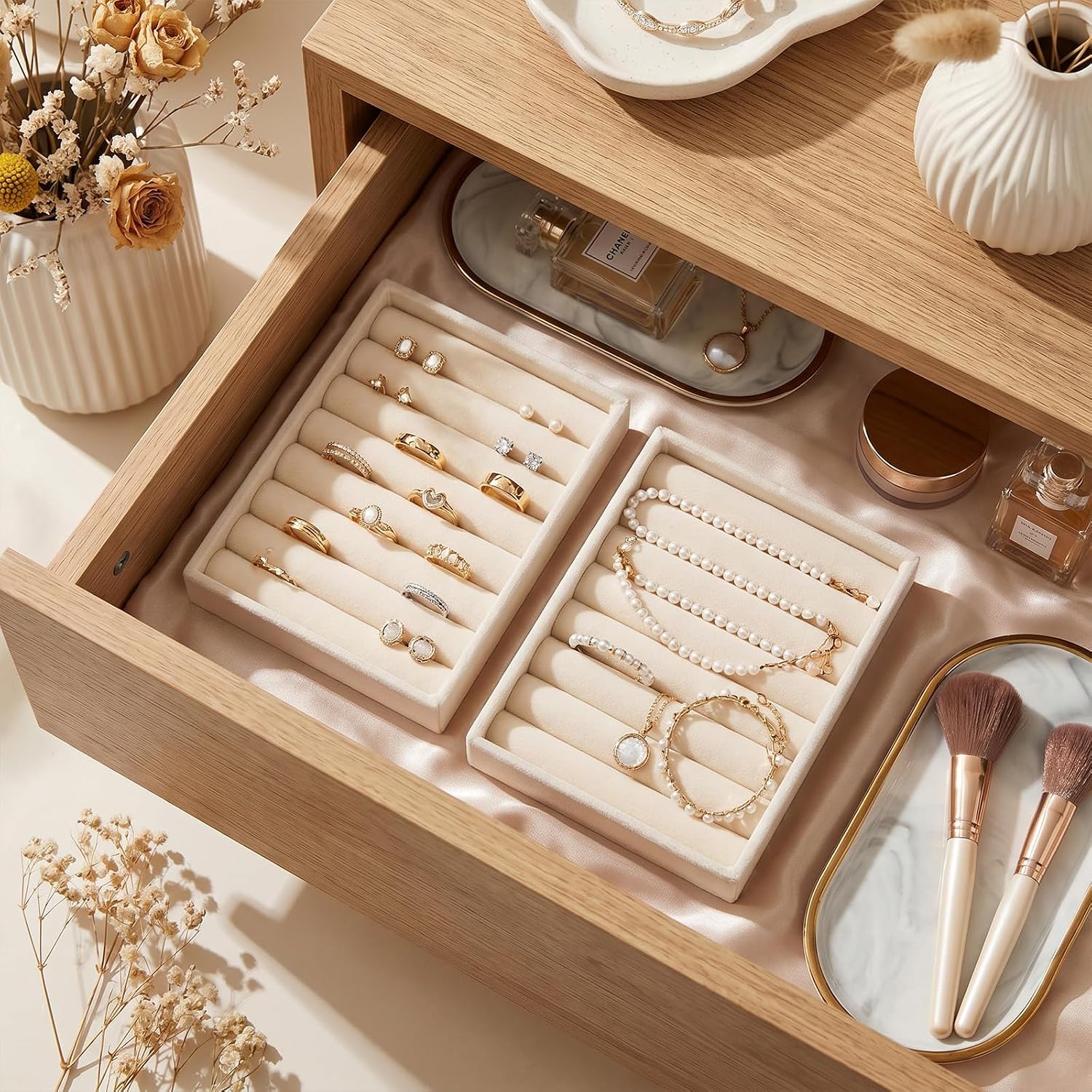 Small Jewelry Tray Set Velvet Ring Organizer Mini Jewelry Drawer Organizer Stackable Jewelrys Organizers Earrings Display Tray Storage Insert Holder for Box Drawer Dresser (Modern)